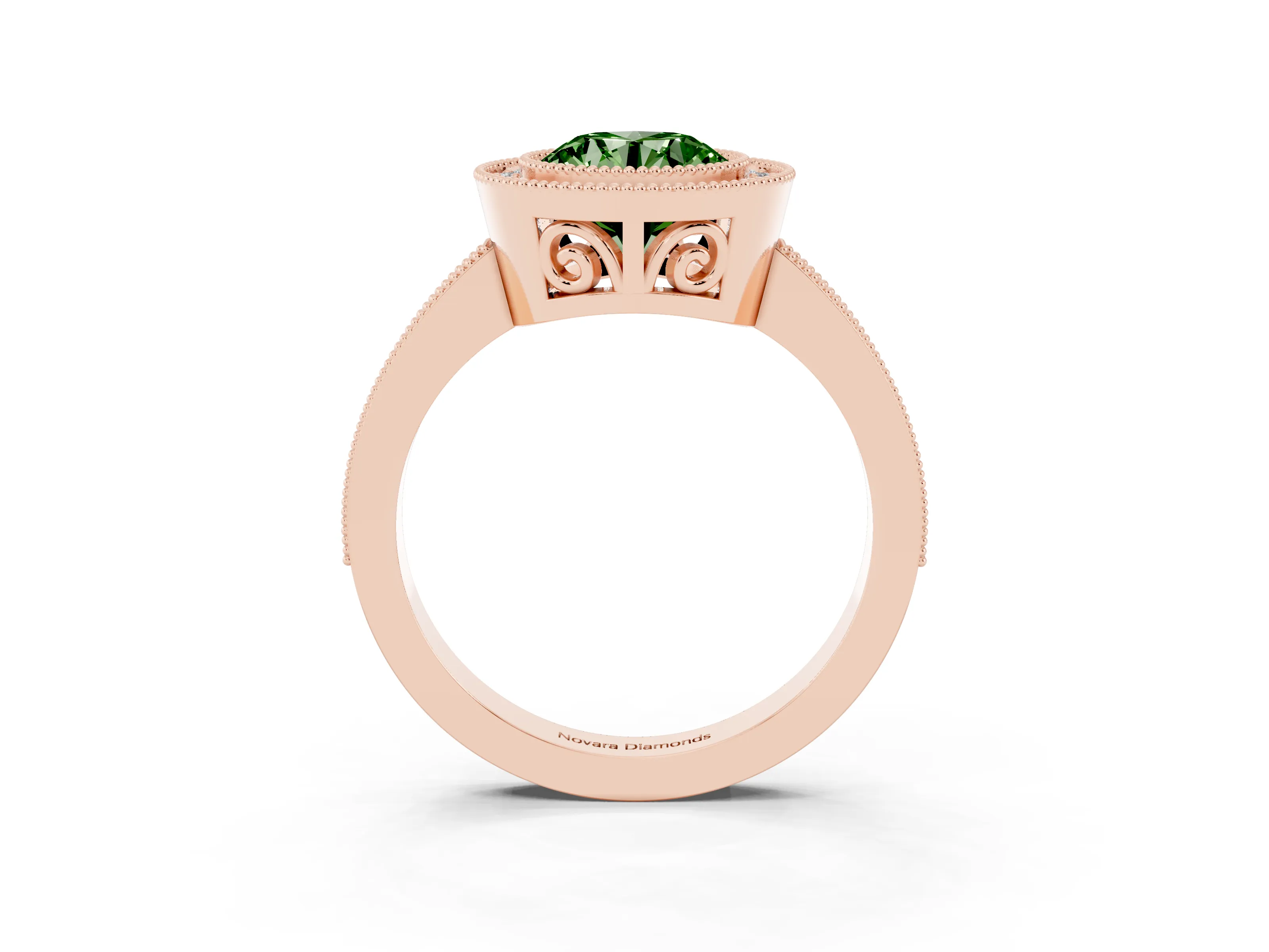 Fancy Green Round Cut Diamond Round Halo Ring Set in Rose gold with Pavé Band