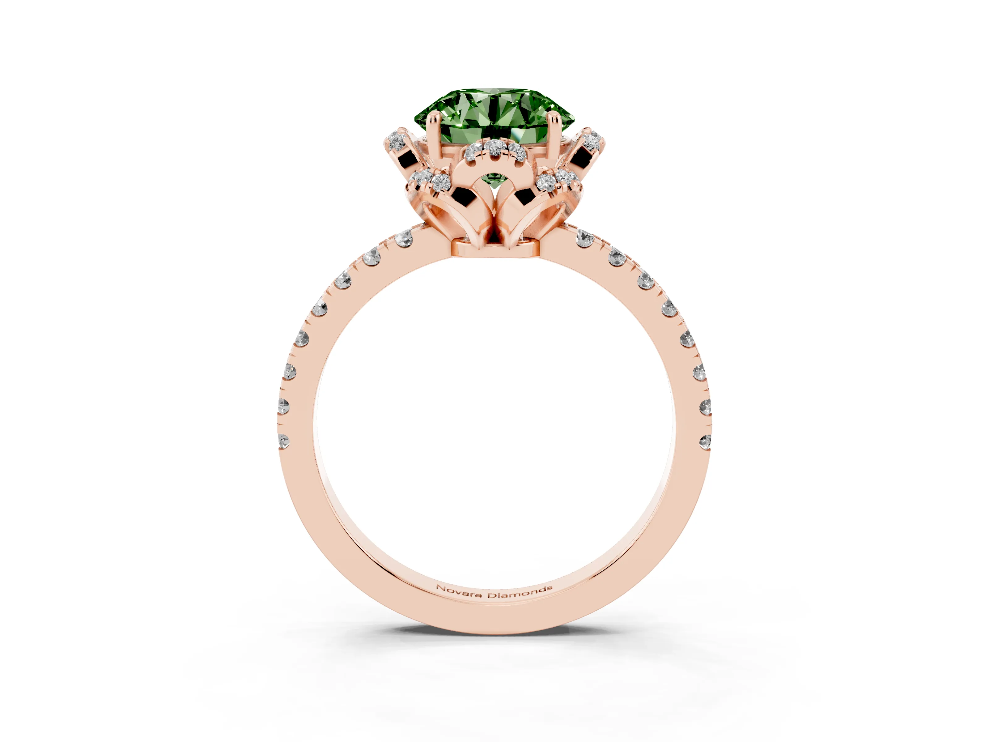 Fancy Green Round Cut Diamond Halo Pavé Band Ring Set in Rose gold with Prong-Held Center