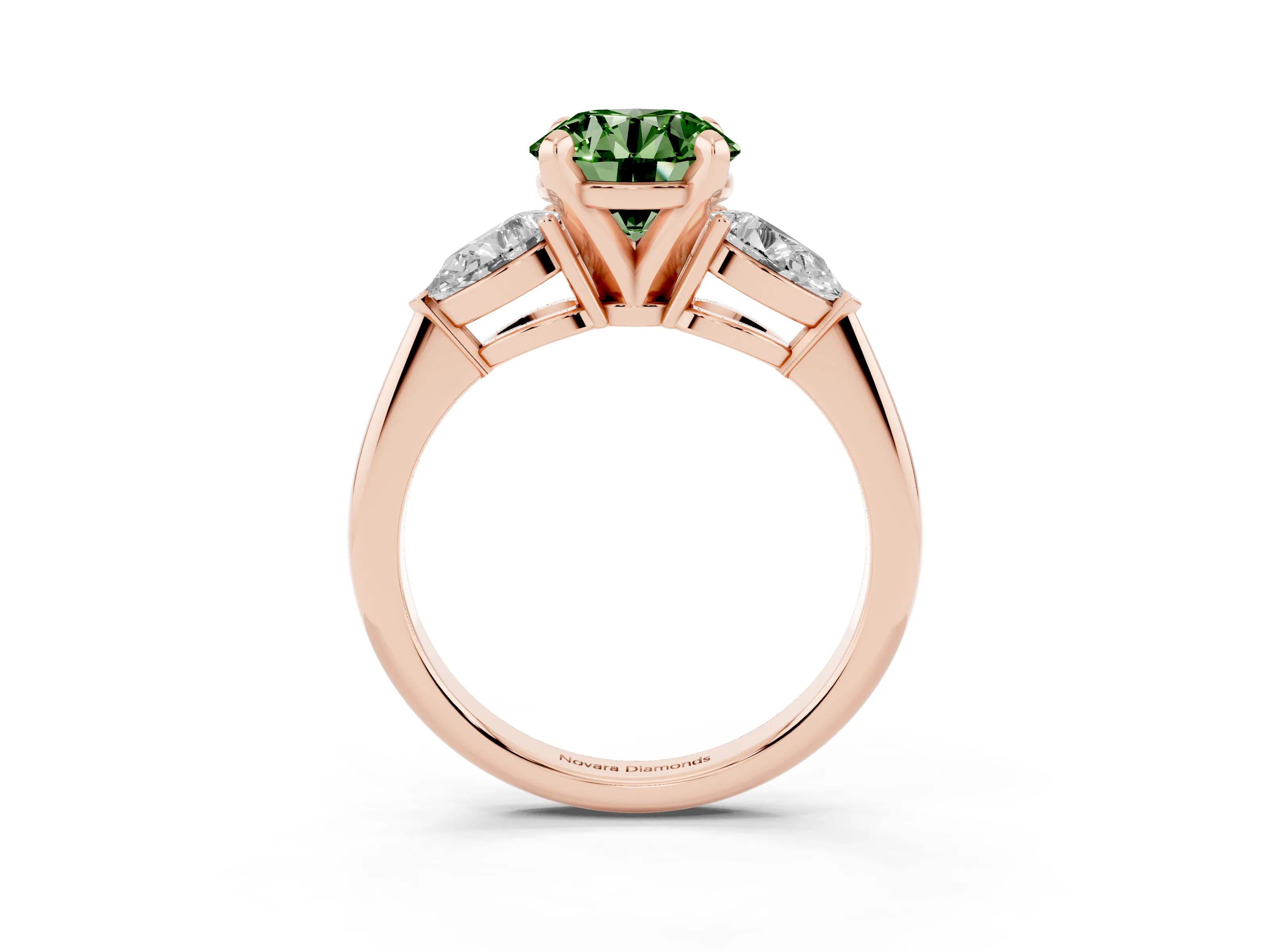 Fancy Green Three-Stone Round Cut Diamond Ring Set in Rose gold with Pear Side Stones and Prong Setting