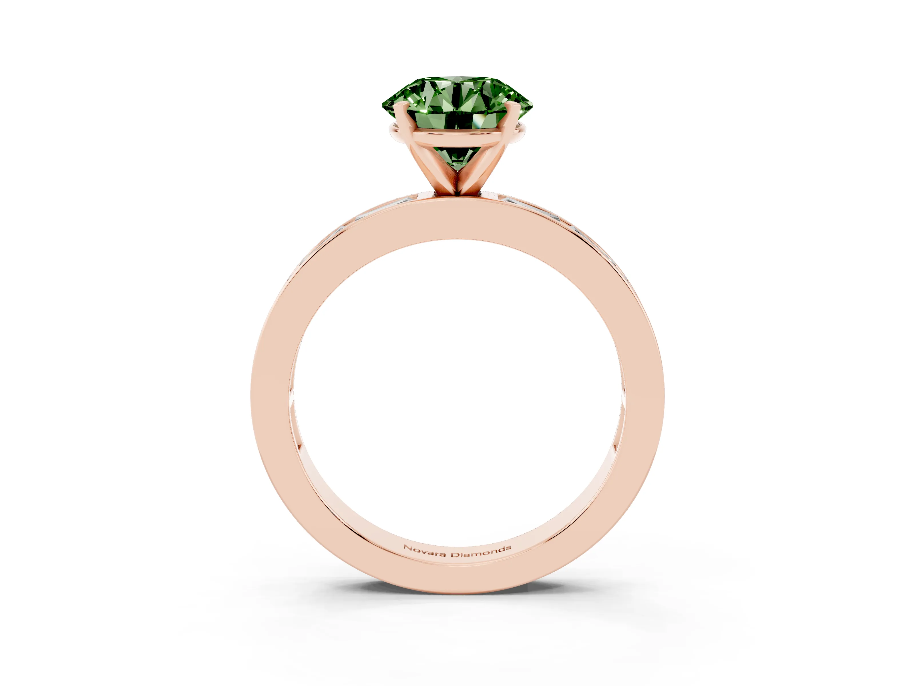 Fancy Green Round Cut Diamond Solitaire Ring Set in Rose gold with Channel-Set Baguette Band and Prong Setting