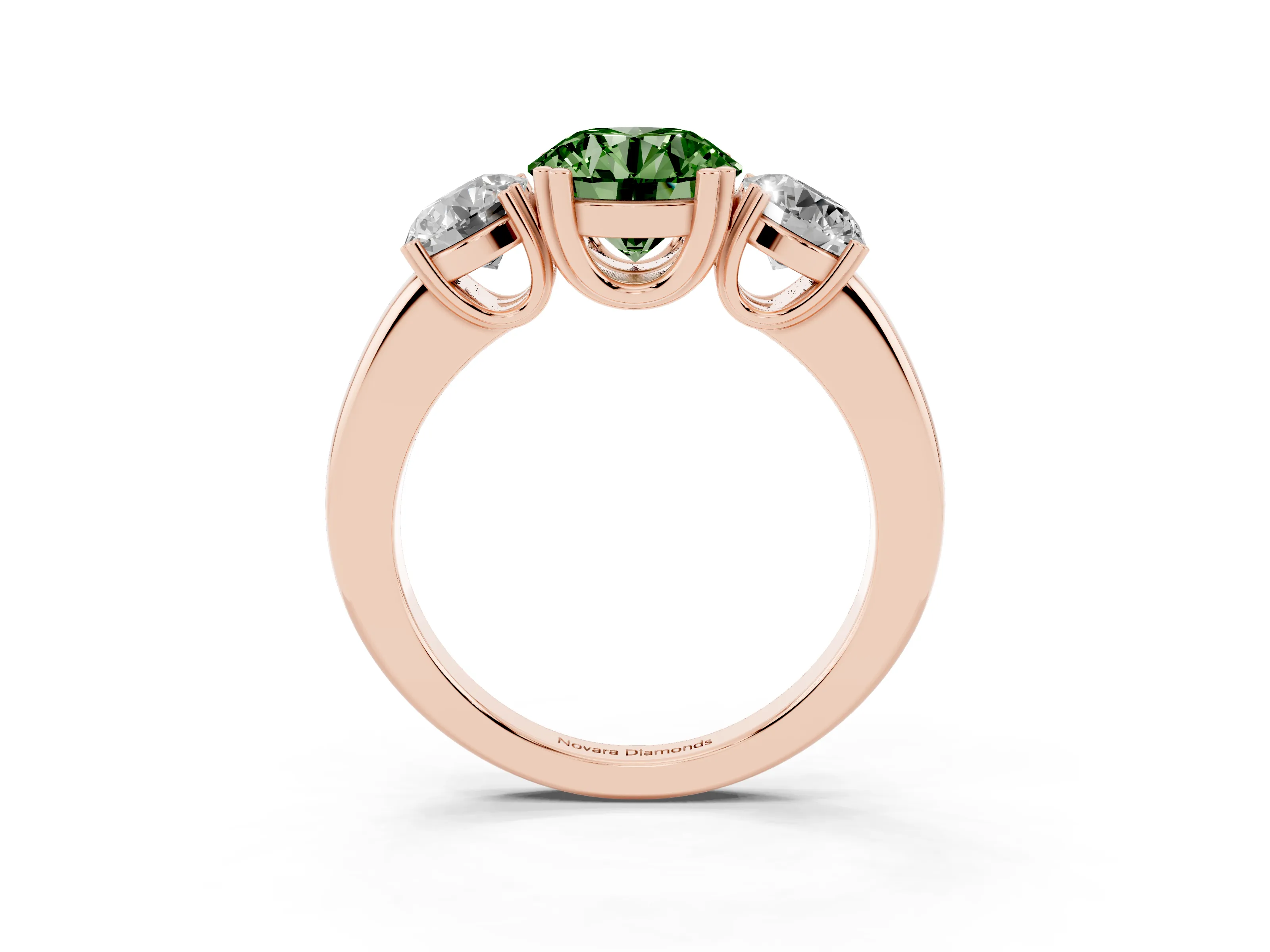 Fancy Green Round Cut Diamond Three-Stone Ring Set in Rose gold with Polished Channel-Set Band