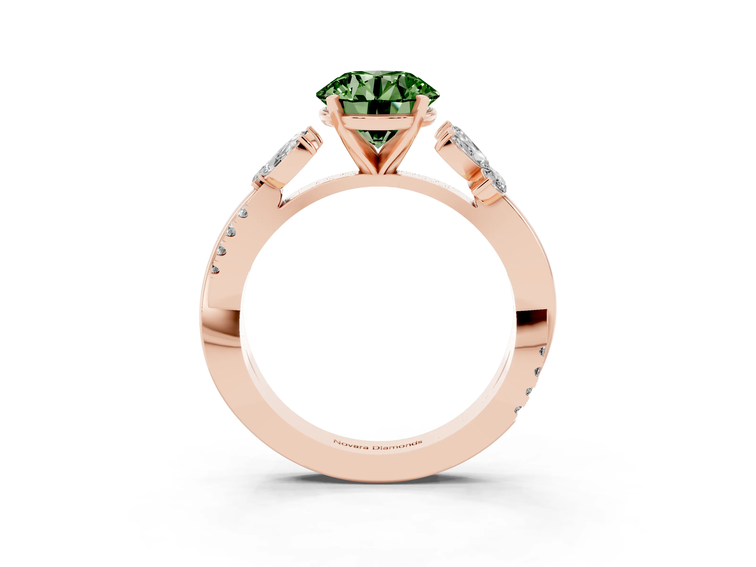 Fancy Green Round Cut Diamond Floral Vine Solitaire Engagement Ring Set in Rose gold with Marquise Leaves