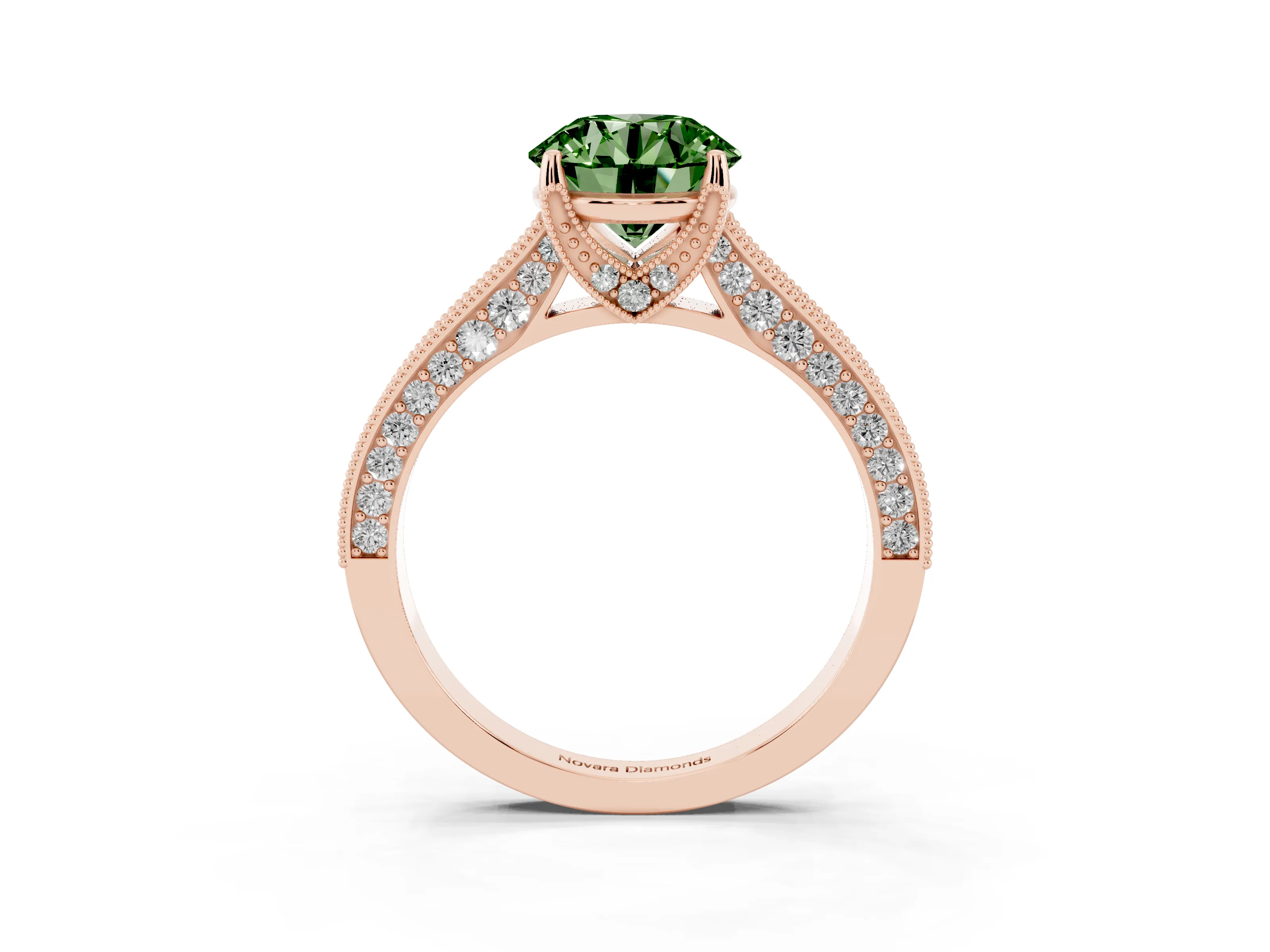 Fancy Green Round Cut Diamond Solitaire Ring Set in Rose gold with Milgrain-Edged Pavé Band and Prong Setting