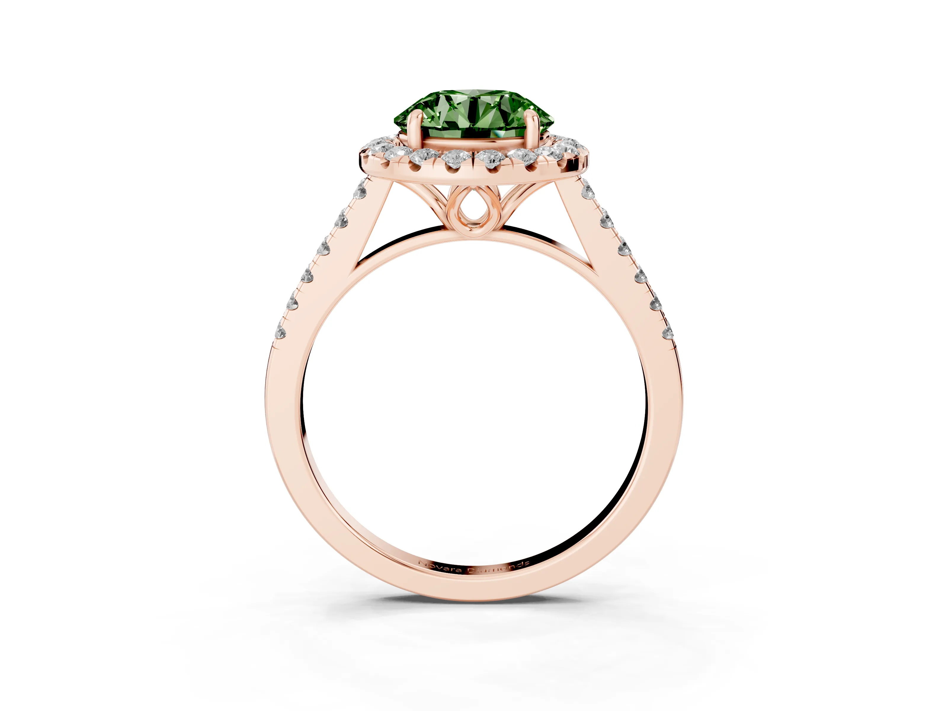 Fancy Green Round Cut Diamond Pavé Halo Engagement Ring Set in Rose gold with Pavé Band and Prong Setting