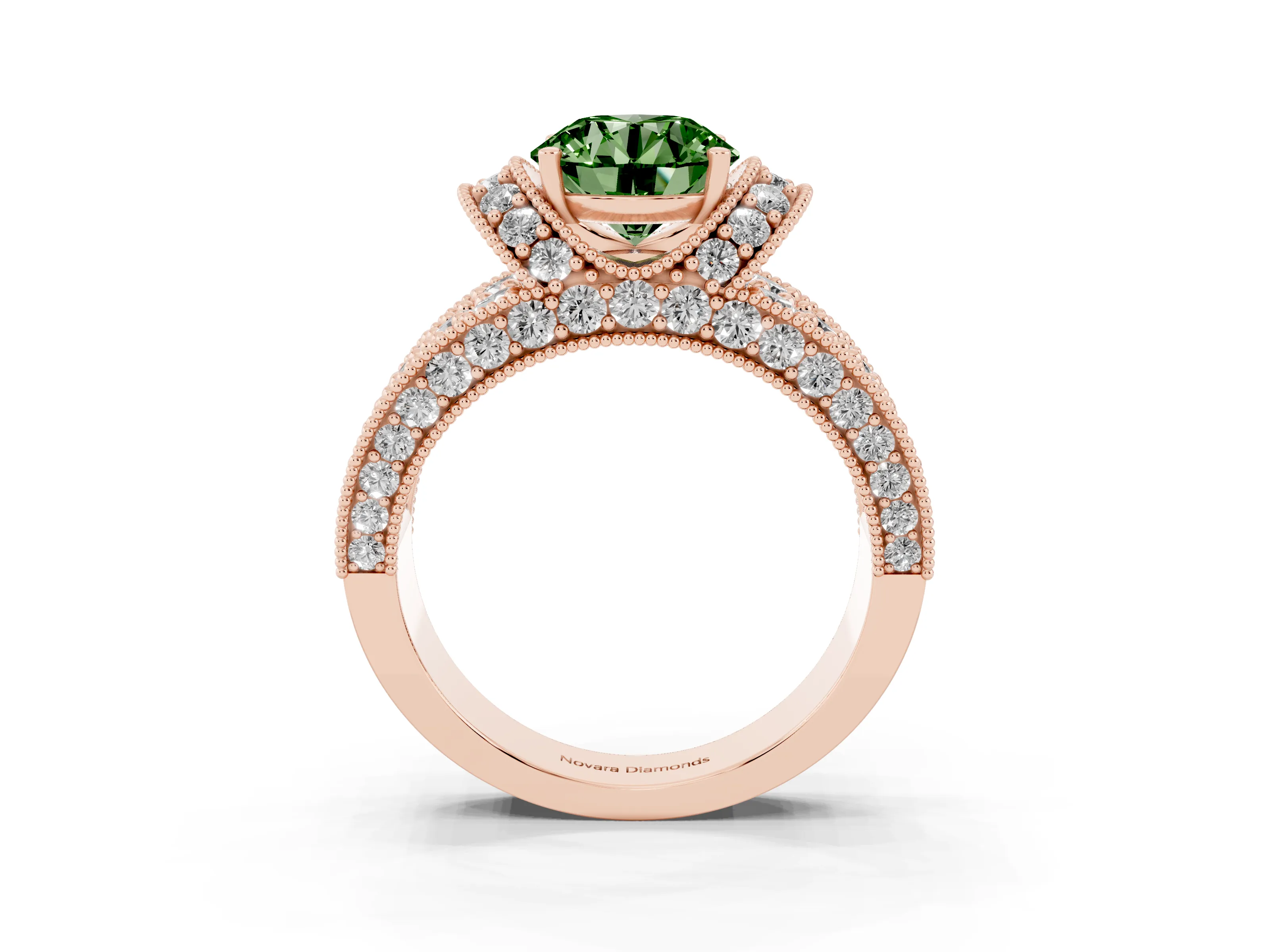 Fancy Green Round Cut Diamond Milgrain Halo Pavé Engagement Ring Set in Rose gold with Prong Setting