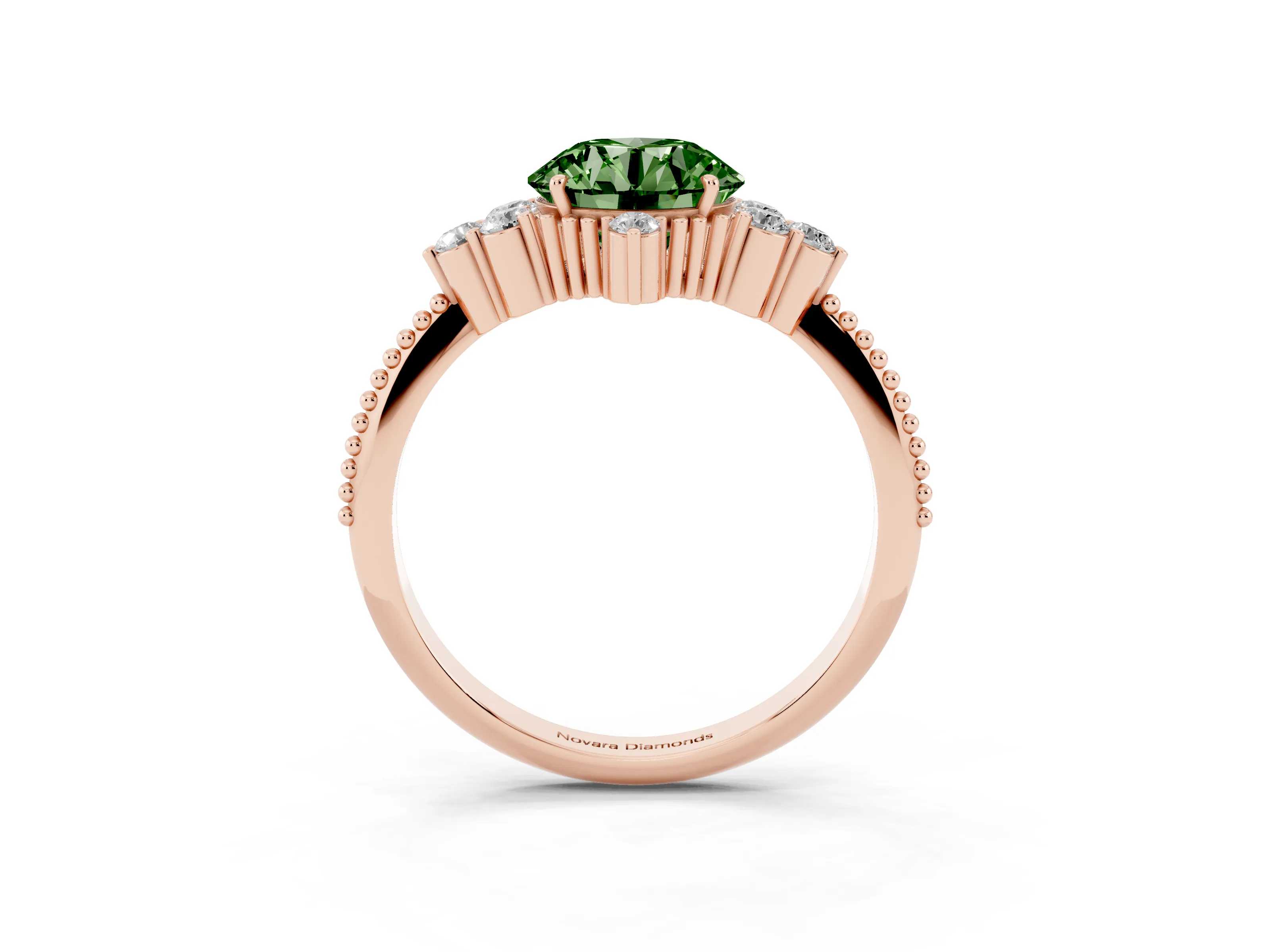 Fancy Green Round Cut Diamond Cluster Ring Set in Rose gold with Beaded Band