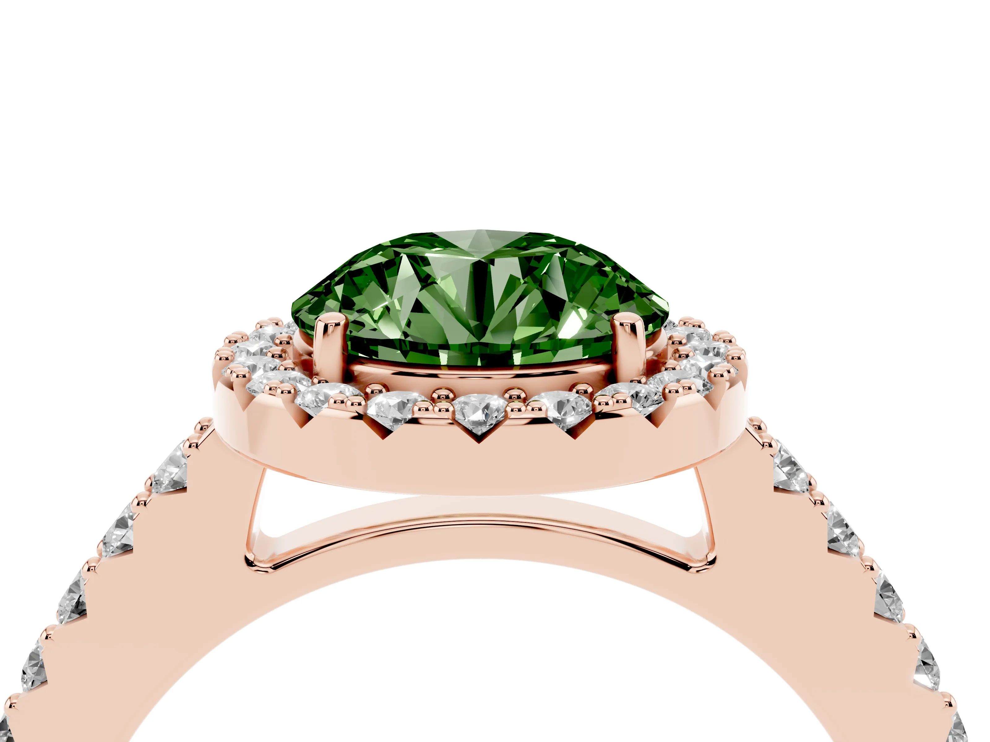 Fancy Green Round Cut Diamond Halo Pavé Solitaire Ring Set in Rose gold with Prong-Set Center Stone