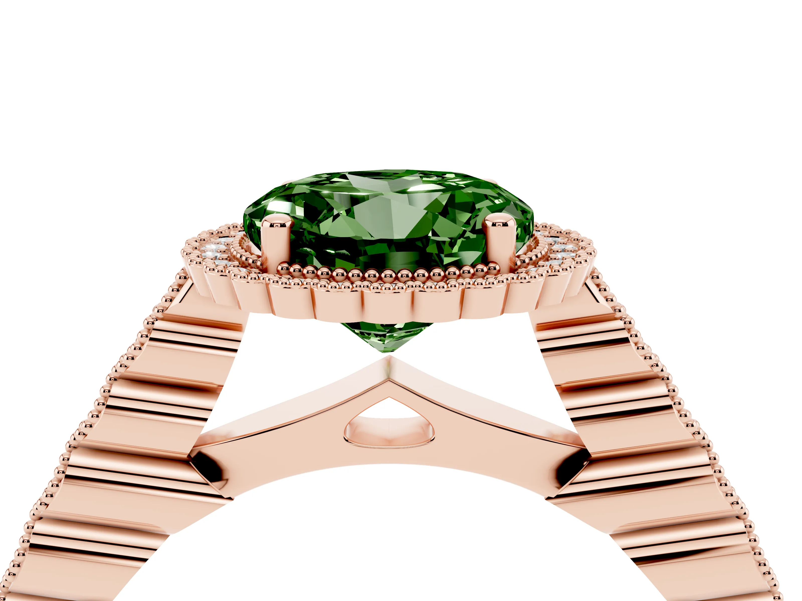 Fancy Green Round Cut Diamond Halo Ring Set in Rose gold with Pavé Milgrain Band