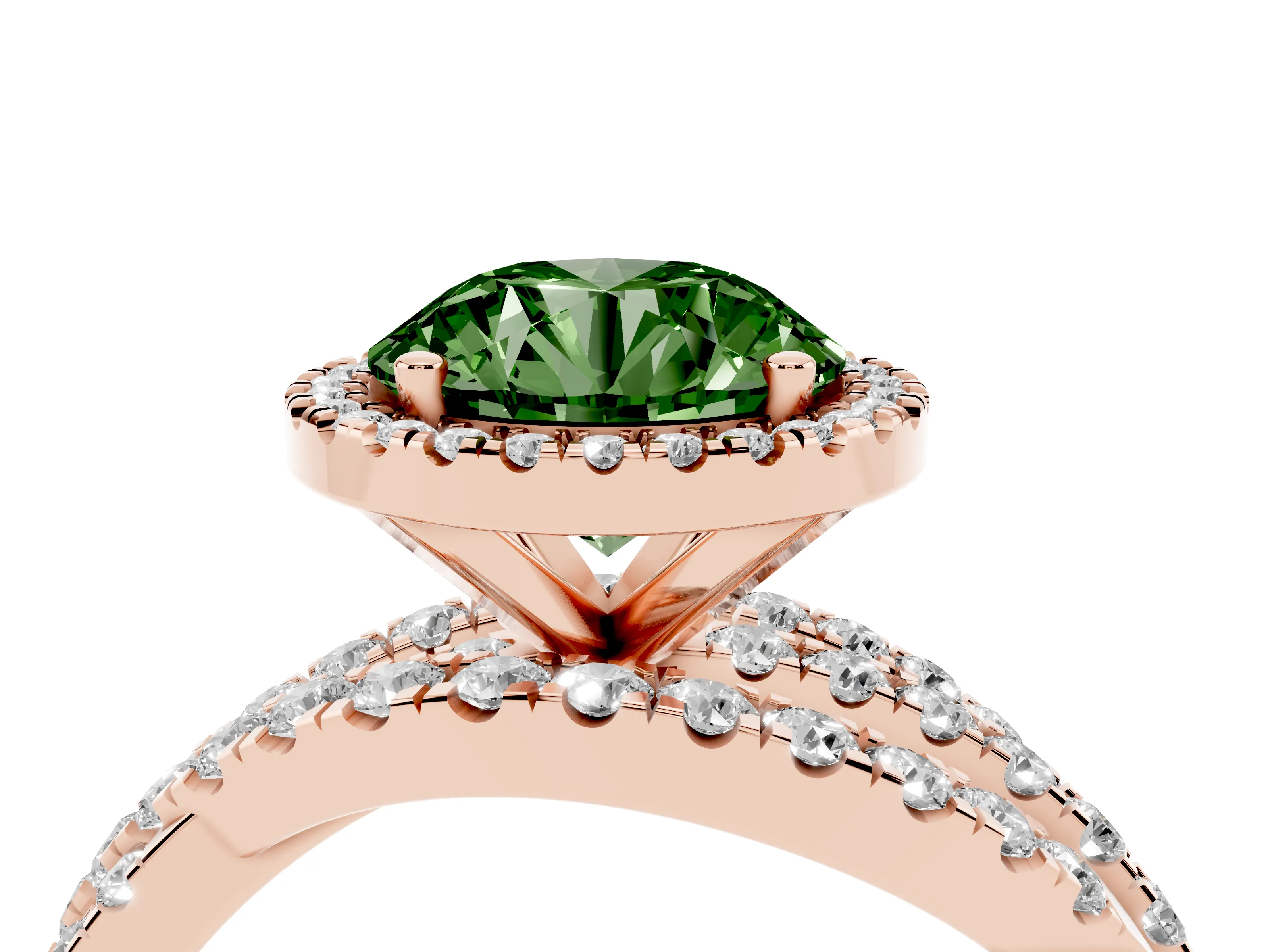 Fancy Green Round Cut Diamond Halo Ring Set in Rose gold with Round Crossover Split Shank and Prong Setting