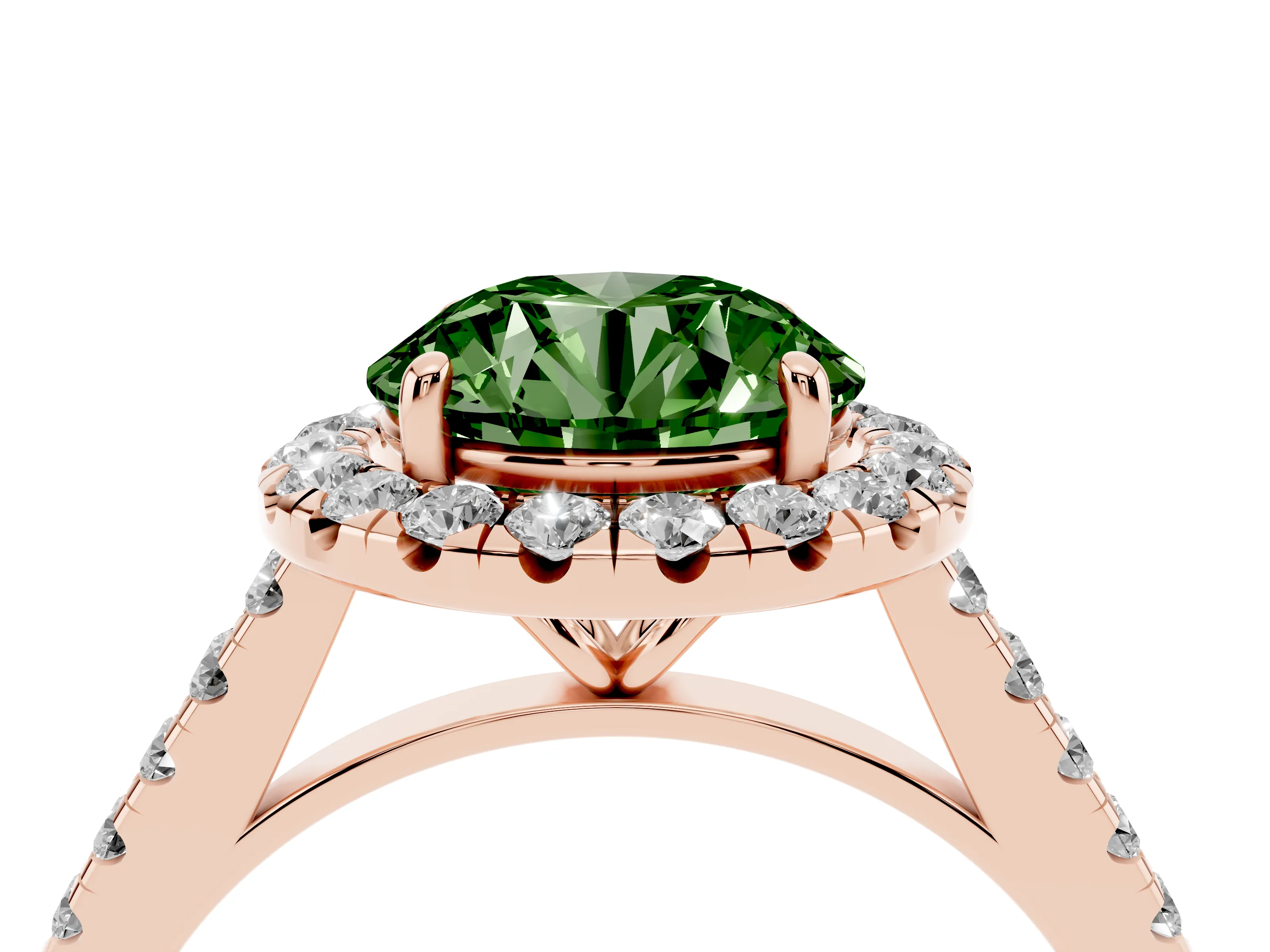 Fancy Green Round Cut Diamond Halo Pavé Engagement Ring Set in Rose gold with Prong Setting