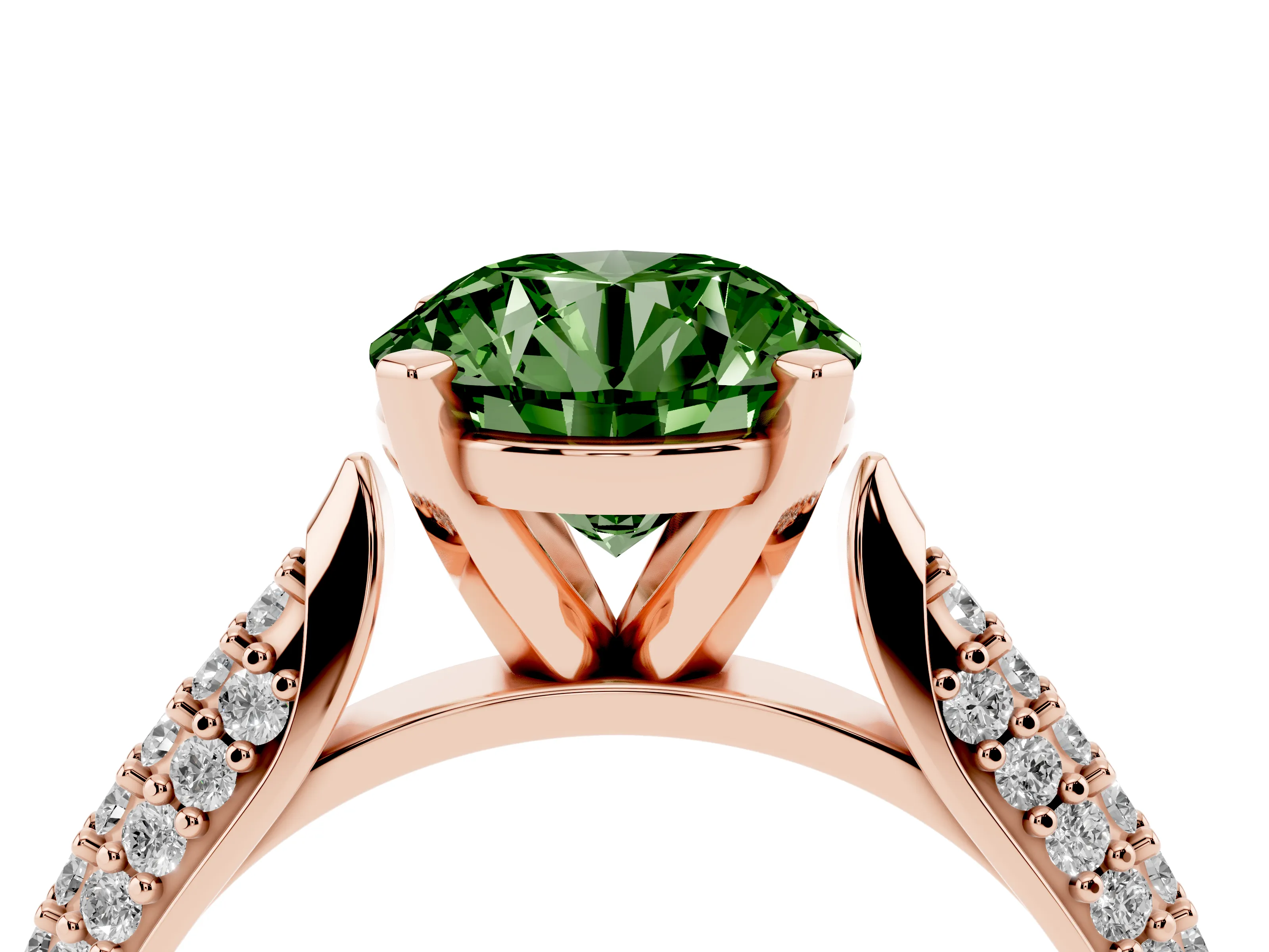 Fancy Green Round Cut Diamond Solitaire Engagement Ring Set in Rose gold with Multi-Row Round Pavé Band and Prong Setting