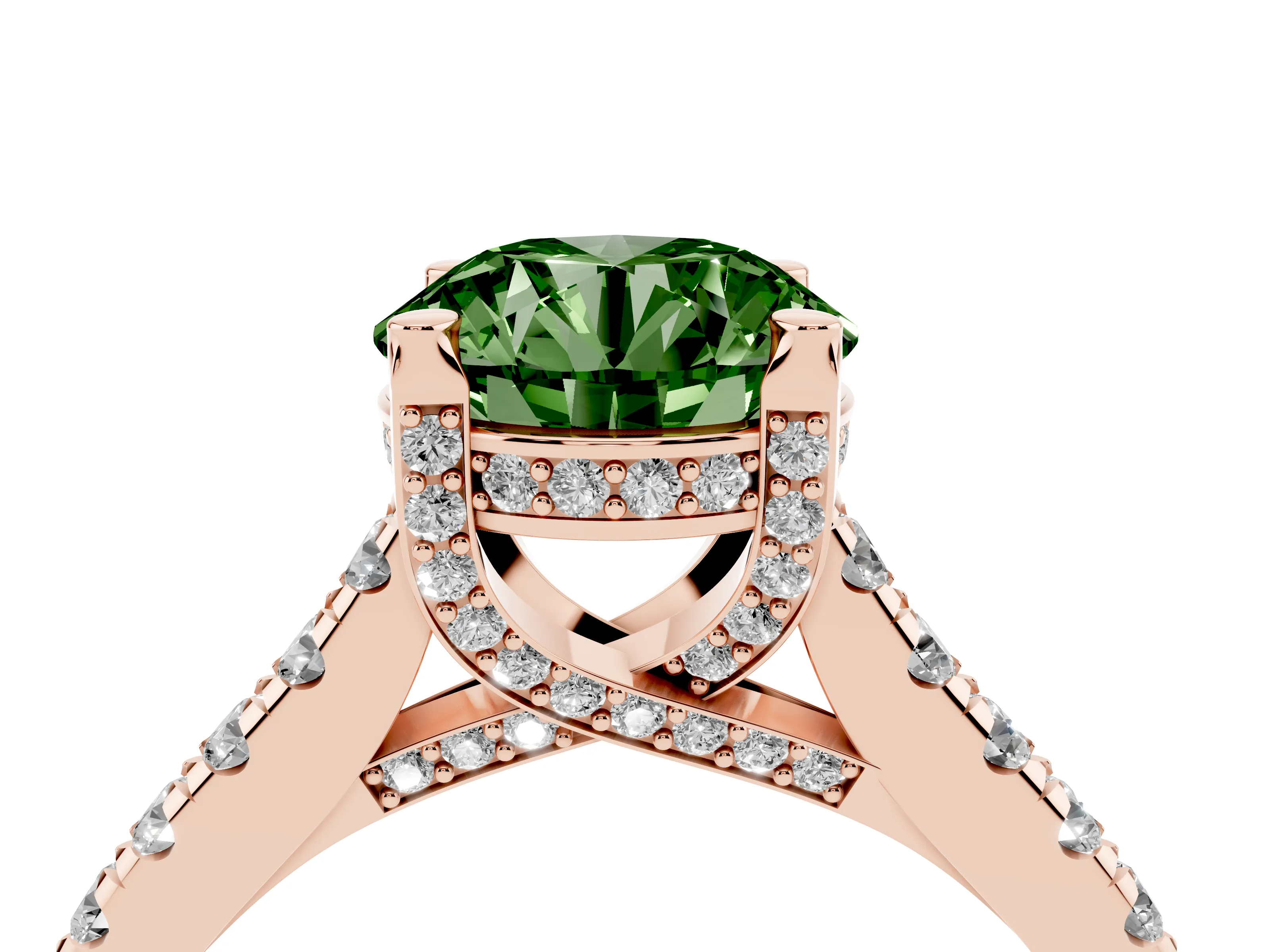 Fancy Green Round Cut Diamond Solitaire Ring Set in Rose gold with Brilliant Pavé Band and Prong Setting