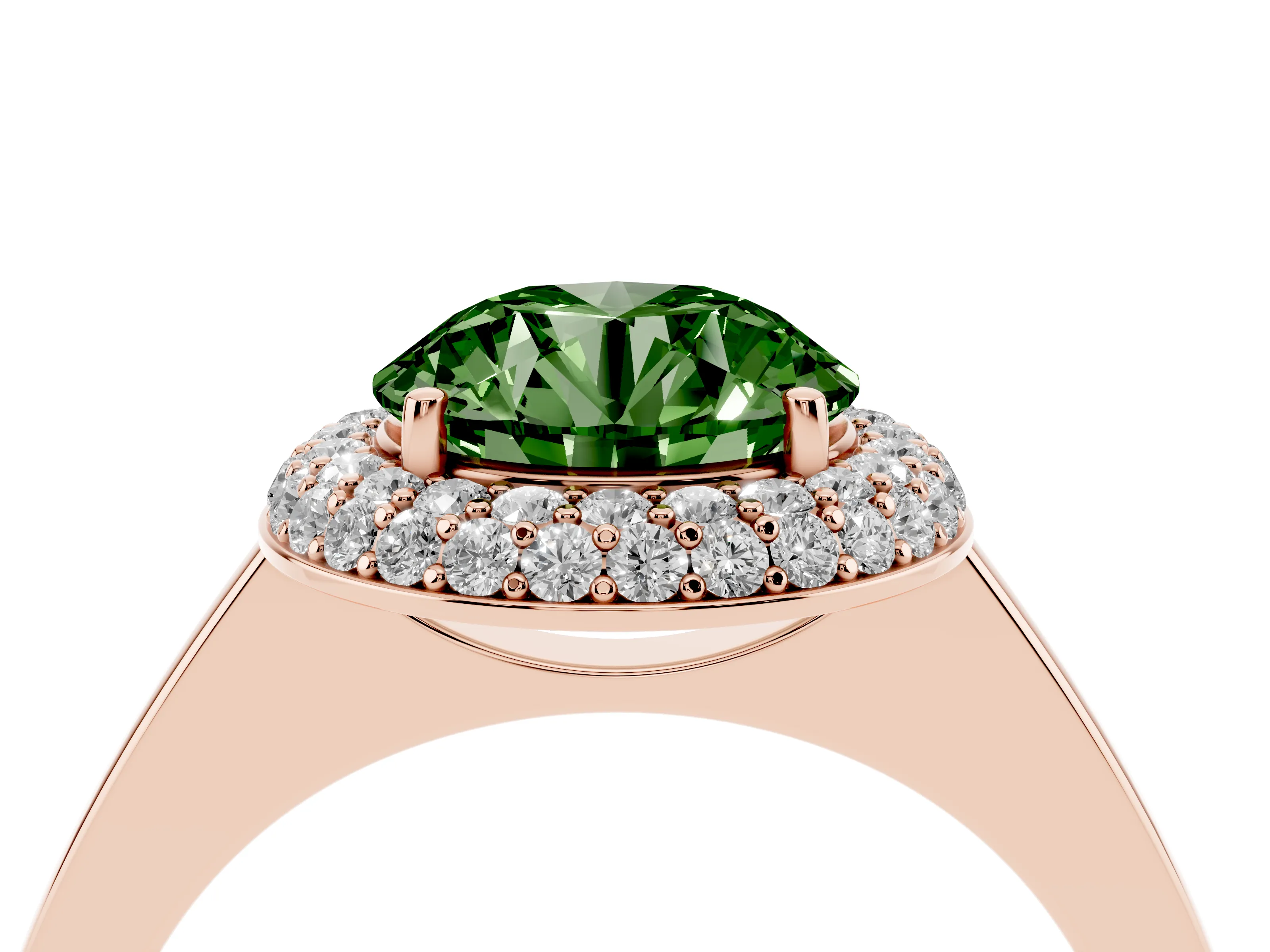 Fancy Green Round Cut Diamond Halo Engagement Ring Set in Rose gold with Solitaire Band and Prong Setting