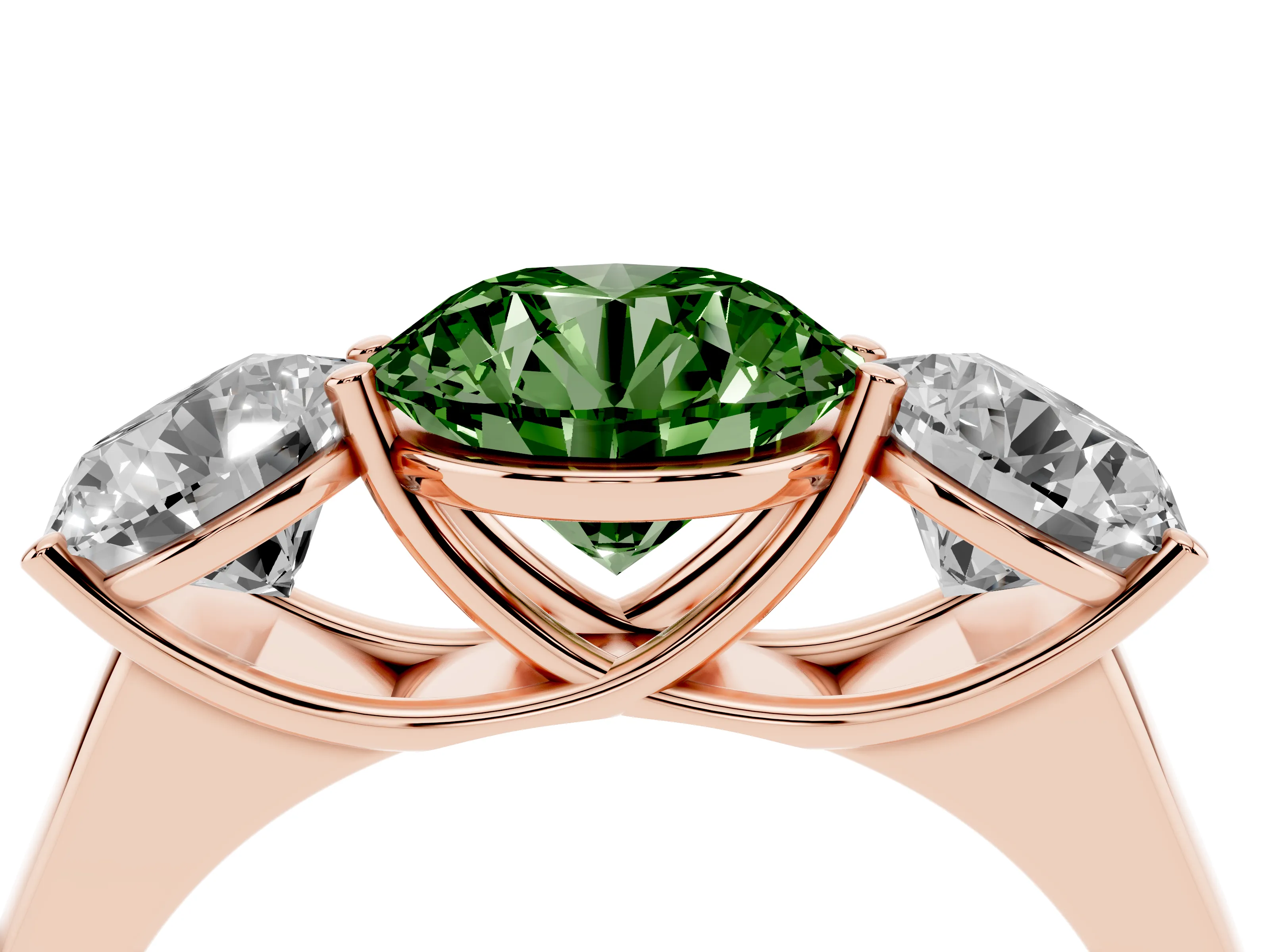 Fancy Green Round Cut Diamond Three-Stone Ring Set in Rose gold with Plain Polished Band