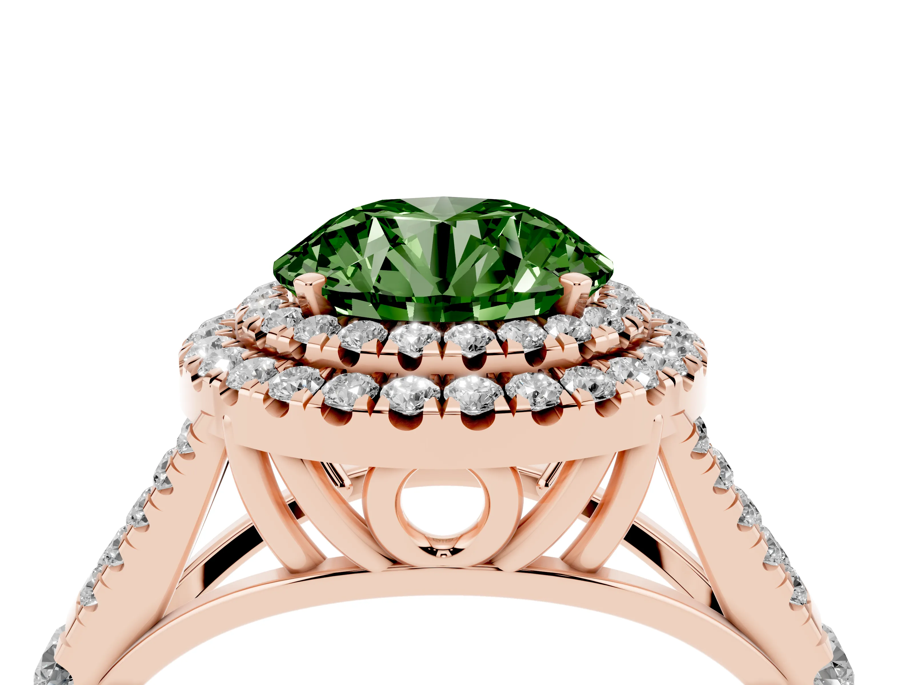 Fancy Green Round Cut Diamond Pavé Split Shank Double Halo Engagement Ring Set in Rose gold