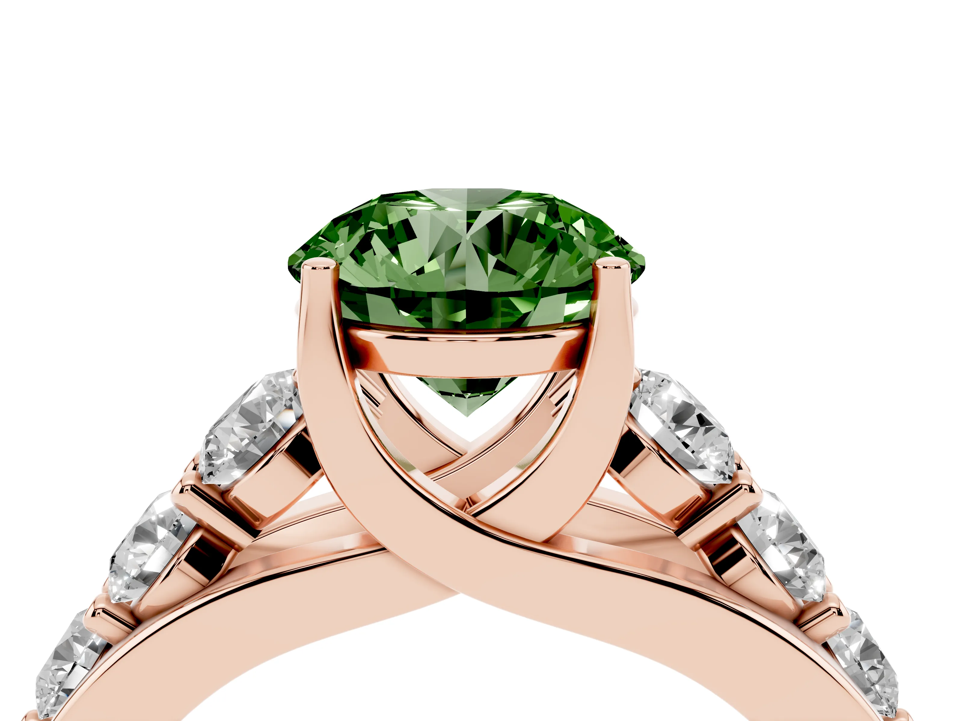 Fancy Green Round Cut Diamond Pavé Engagement Ring Set in Rose gold with Prong Setting