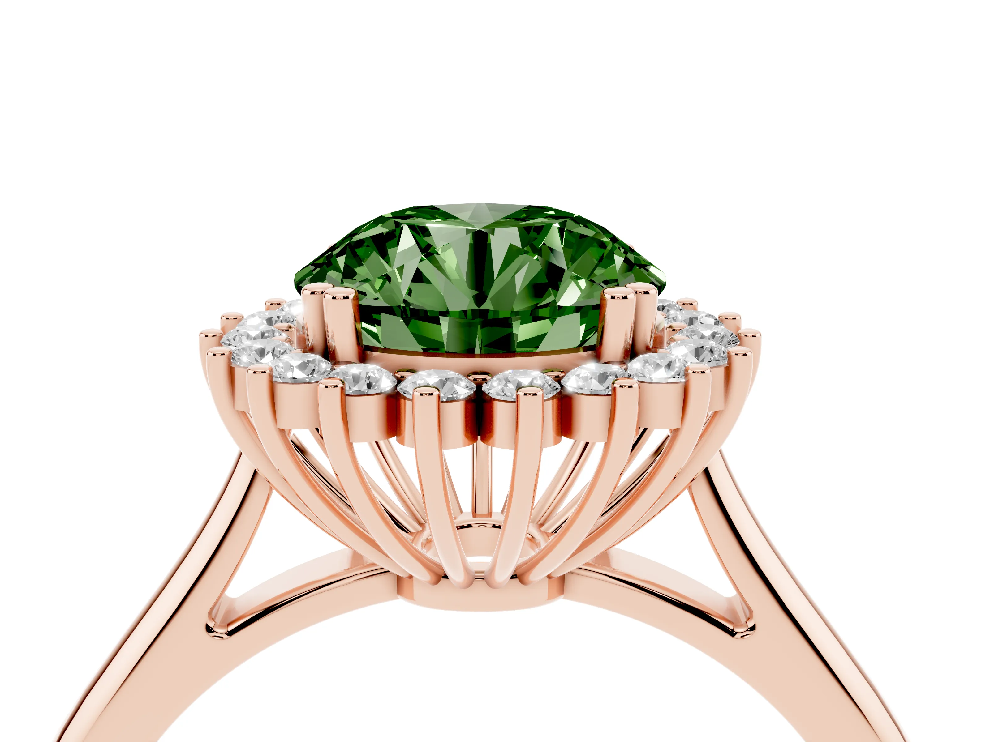 Fancy Green Round Cut Diamond Halo Ring Set in Rose gold with Plain Solitaire Band and Prong Setting