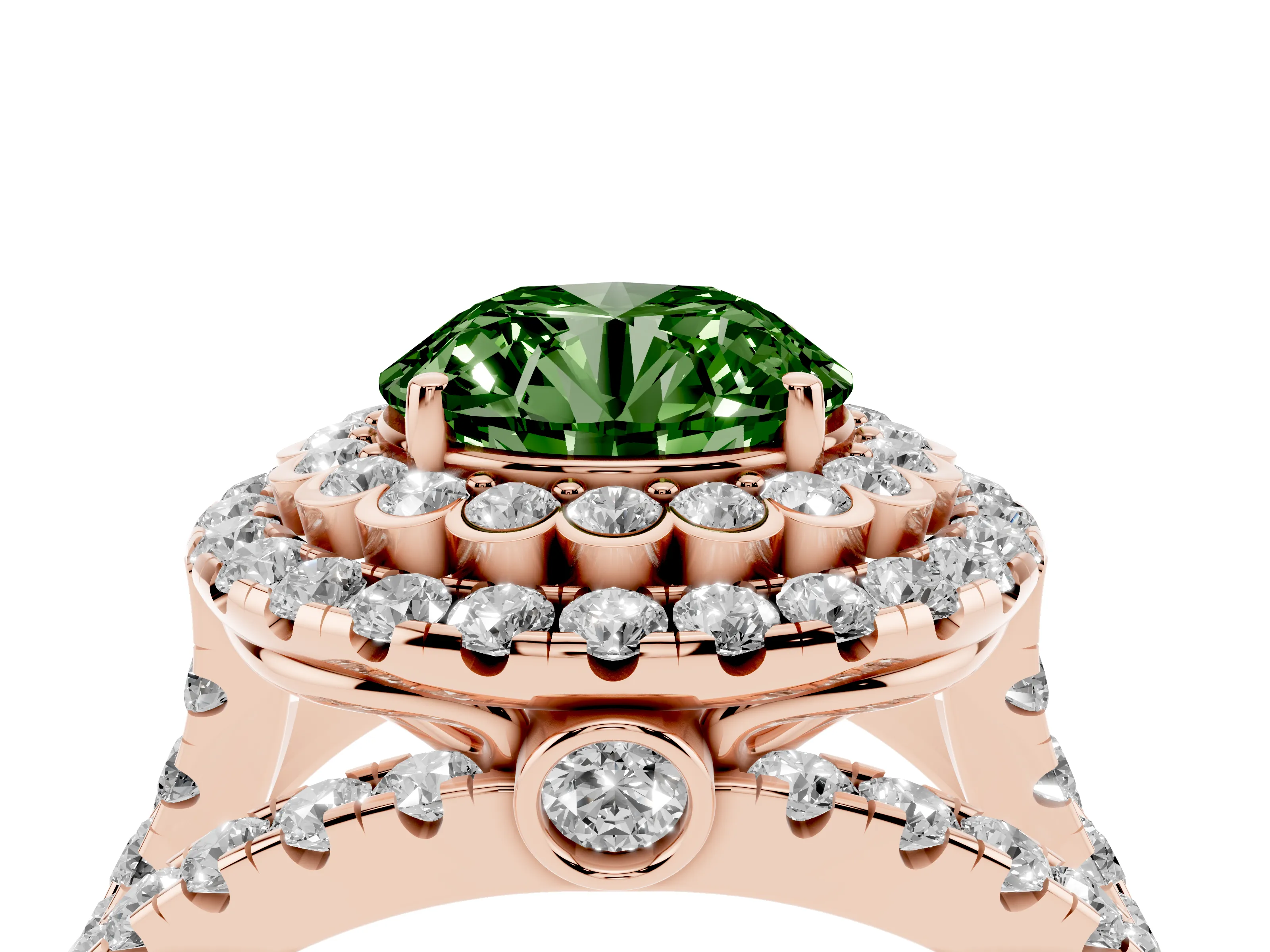 Fancy Green Round Cut Diamond Double Halo Ring Set in Rose gold with Round Pavé Split Shank