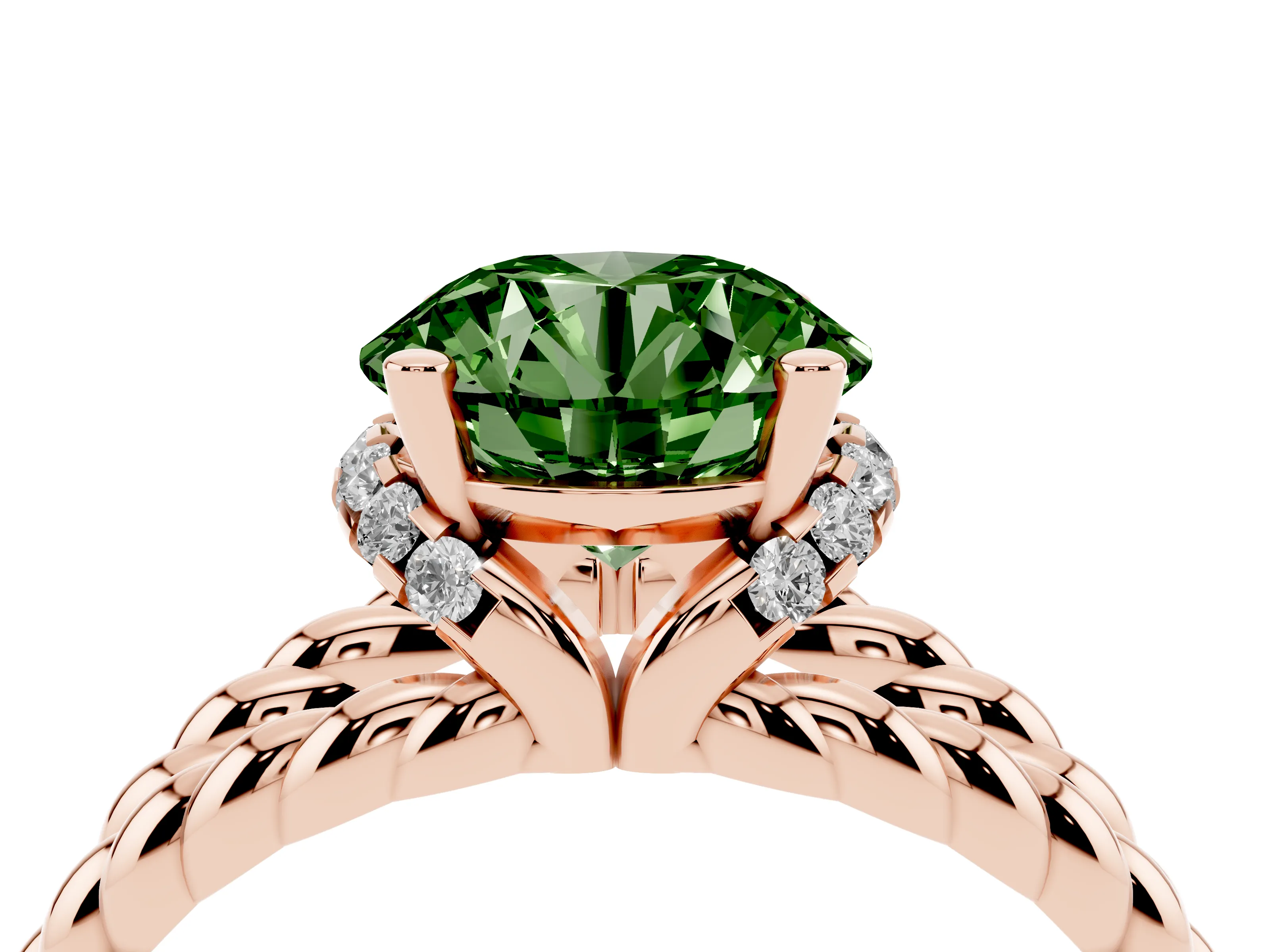Fancy Green Round Cut Diamond Halo Ring Set in Rose gold with Twisted Band and Prong Setting