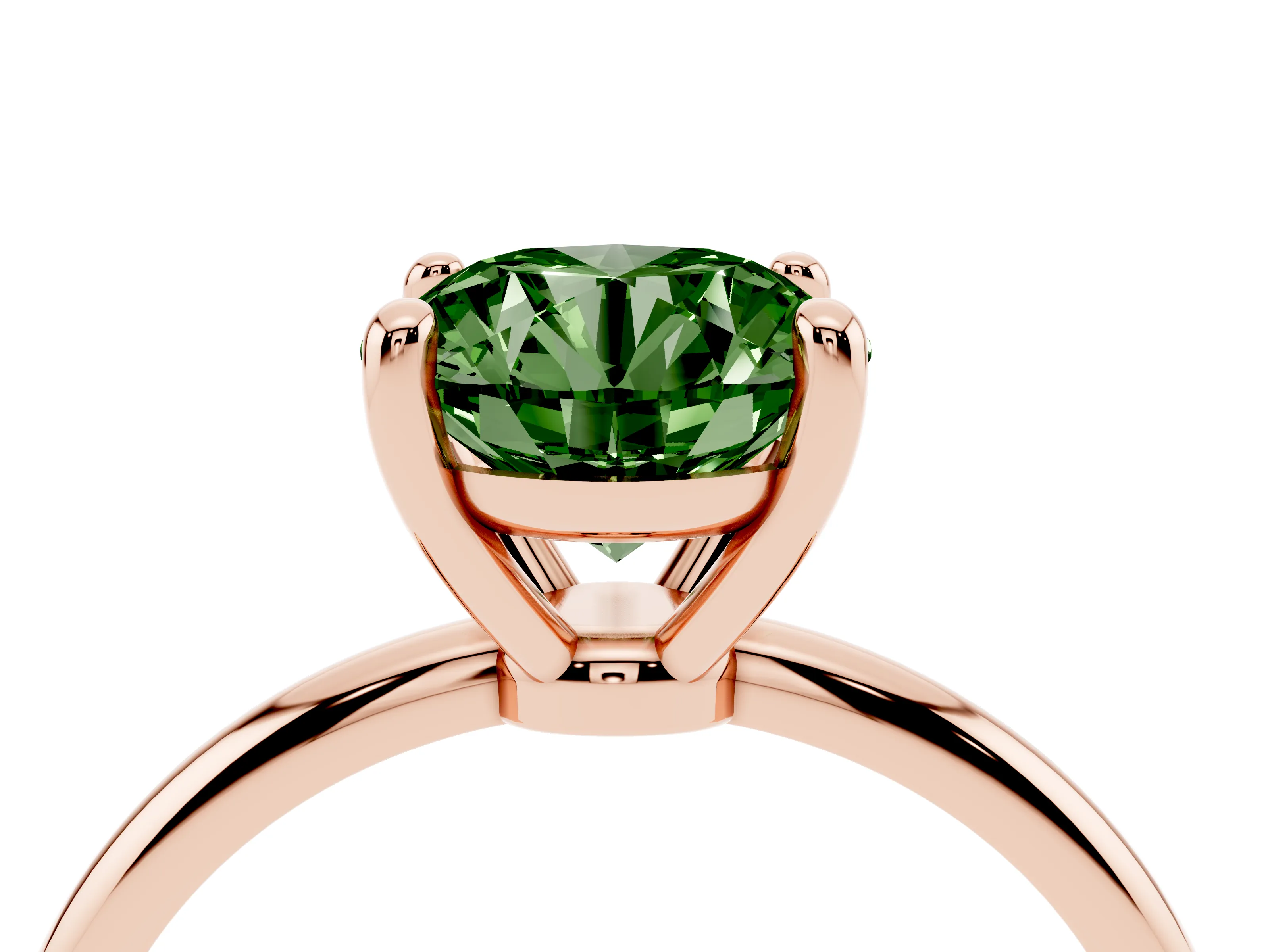 Fancy Green Round Cut Diamond Solitaire Ring Set in Rose gold with Secure Prong Setting on a Classic Band