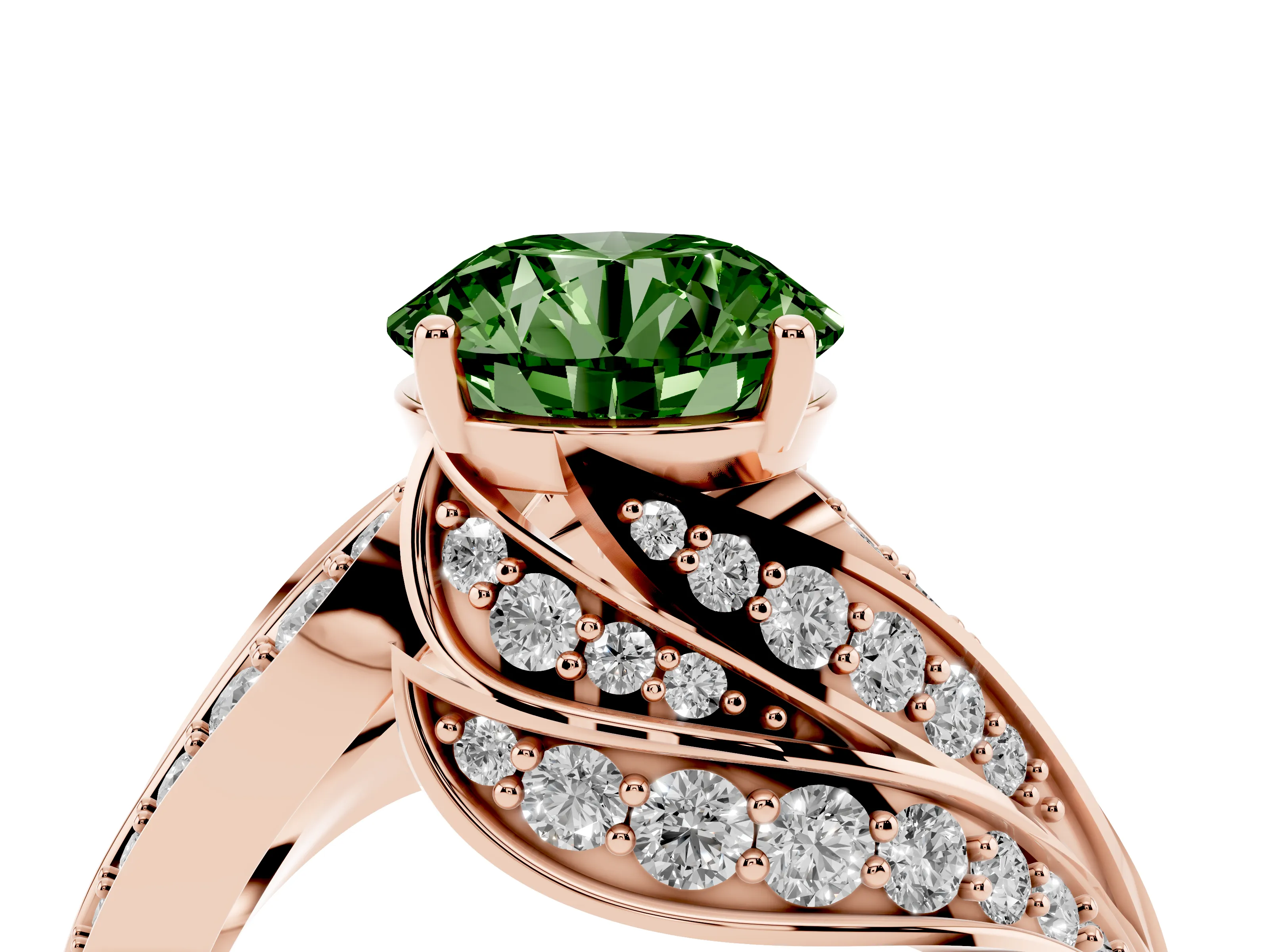 Fancy Green Round Cut Diamond Solitaire Ring Set in Rose gold with Layered Twist Pavé Band