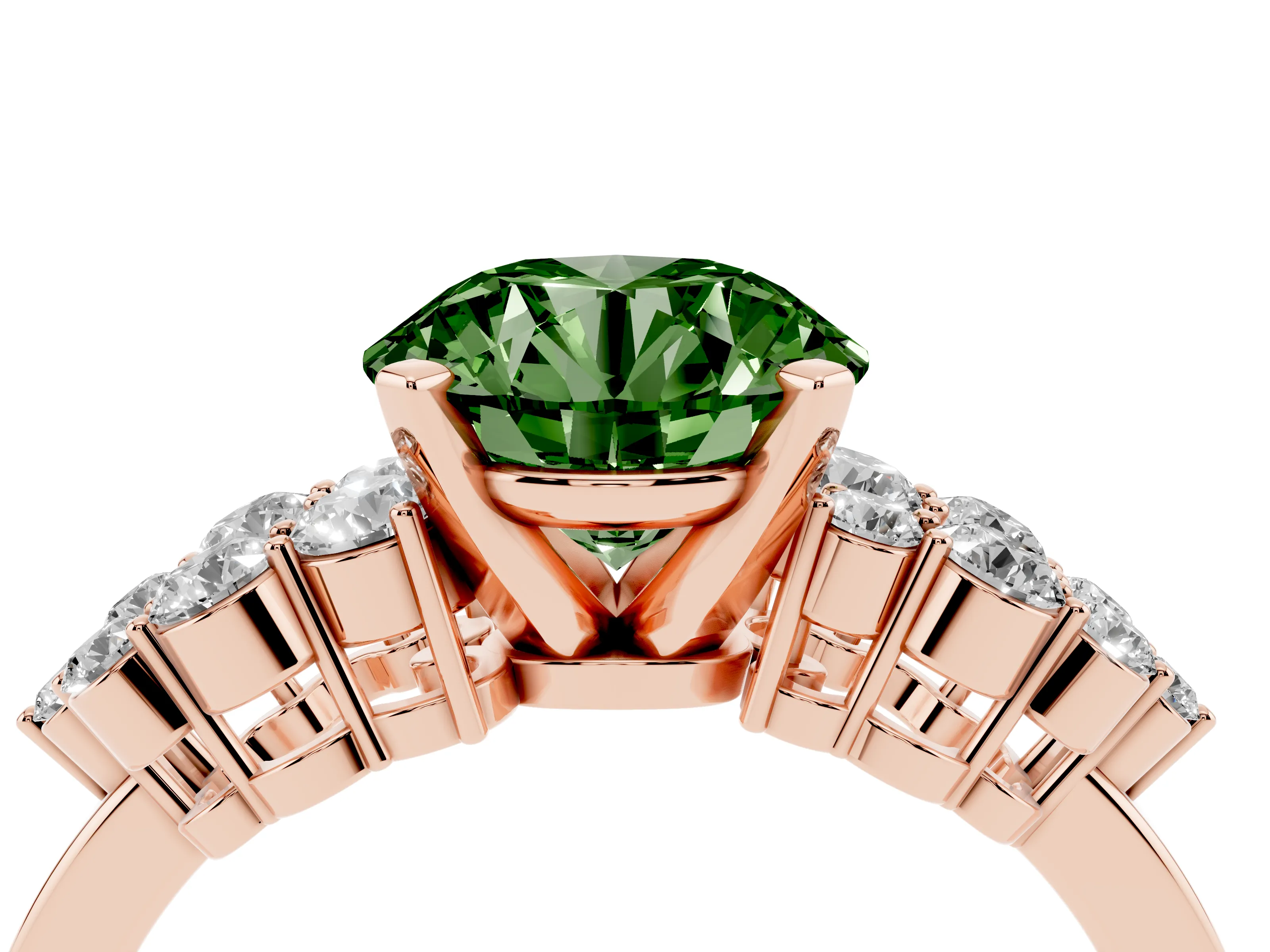 Fancy Green Round Cut Diamond Cluster Engagement Ring Set in Rose gold with Pavé Band and Prong Setting