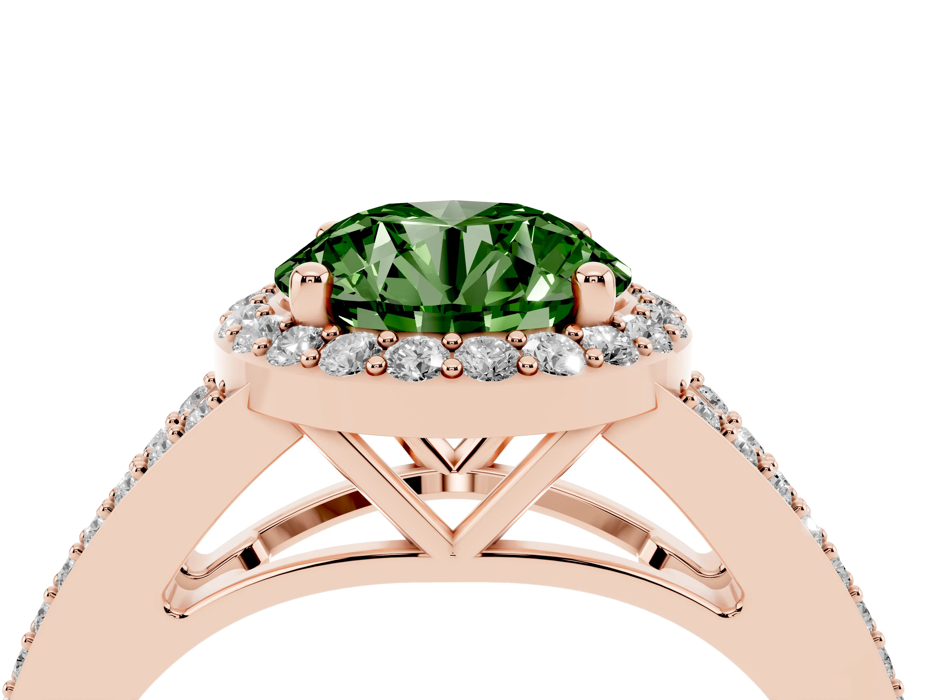 Fancy Green Round Cut Diamond Halo Split Shank Pavé Ring Set in Rose gold with Prong Setting
