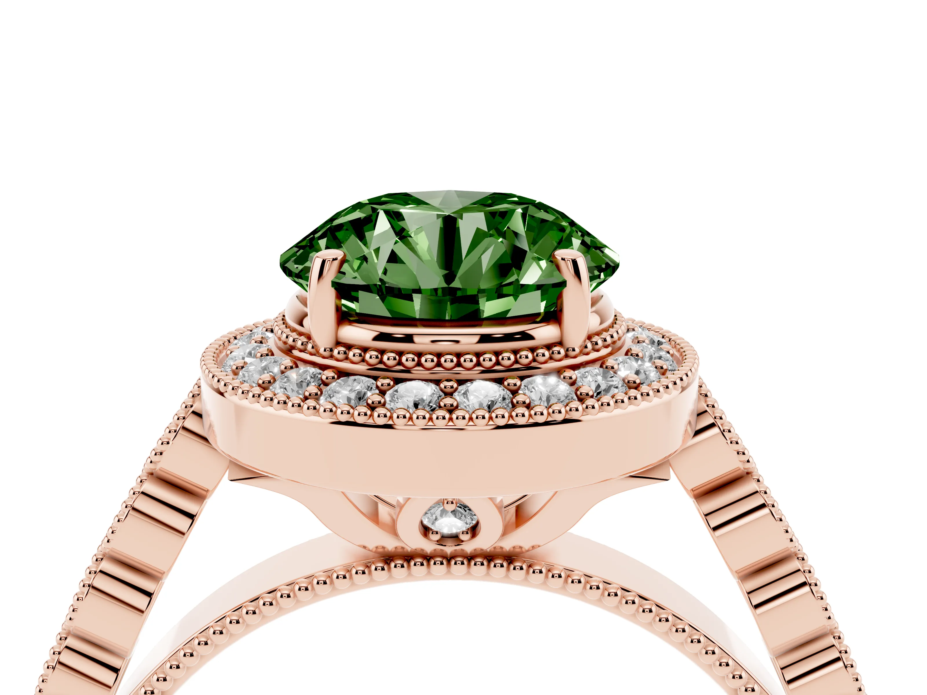 Fancy Green Round Cut Diamond Milgrain Halo Solitaire Ring Set in Rose gold with Bezel Set Side Stones and Pavé Band