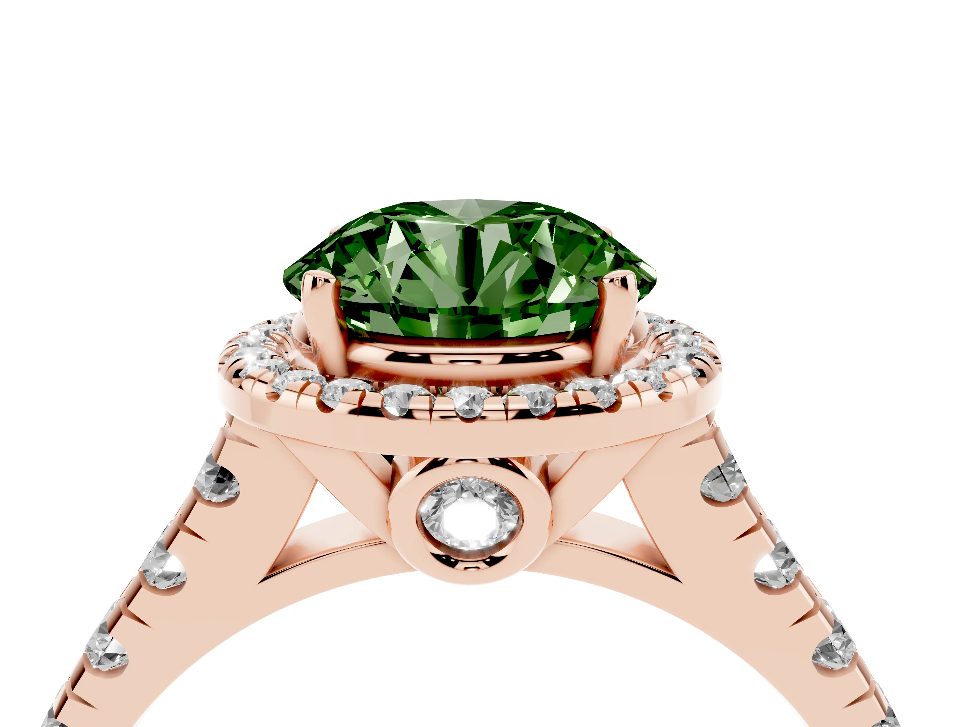 Fancy Green Round Cut Diamond Halo Engagement Ring Set in Rose gold with Pavé Band and Prong-Set Center