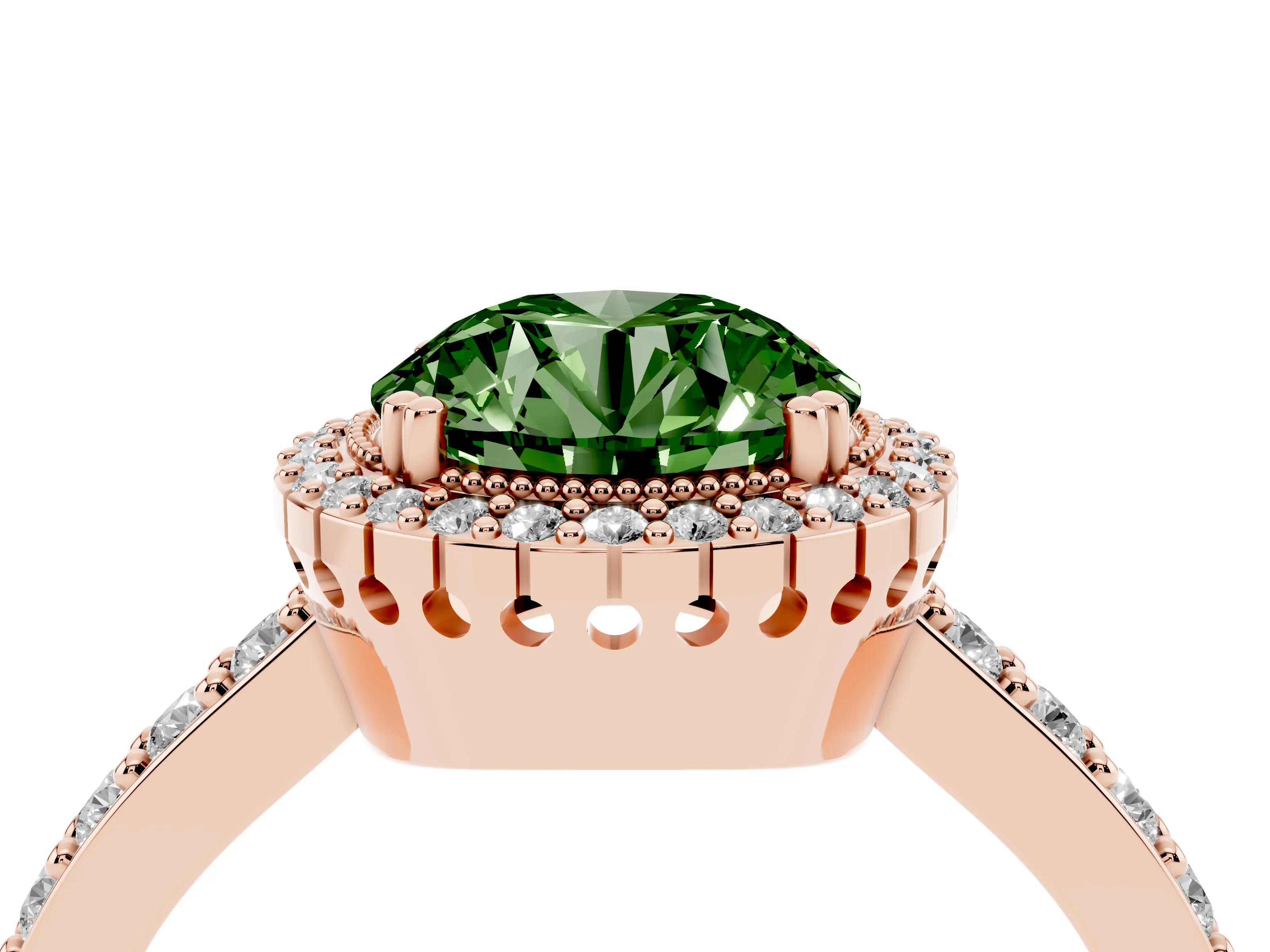 Fancy Green Round Cut Diamond Halo Engagement Ring Set in Rose gold with Milgrain Detail and Pavé Band