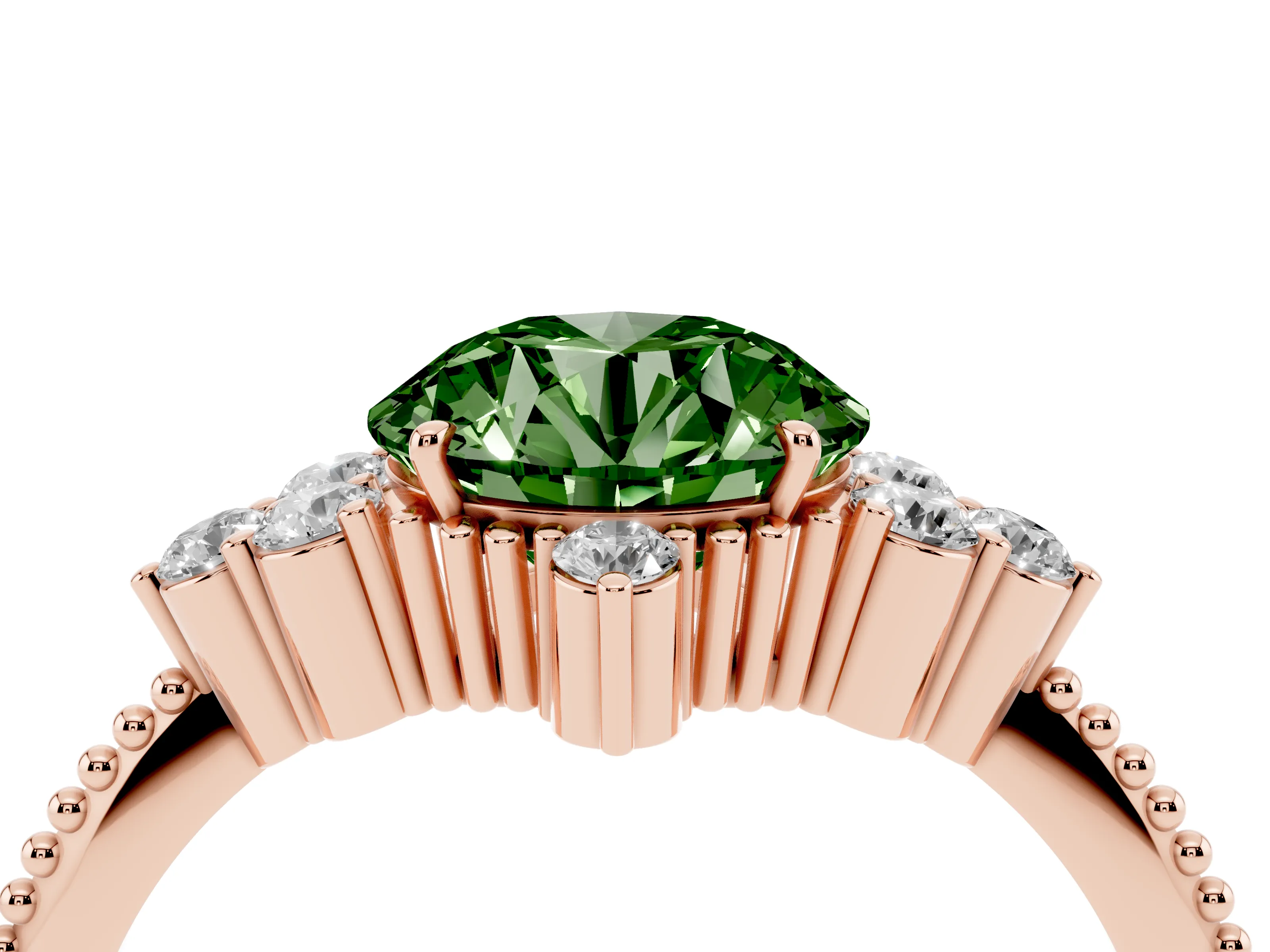 Fancy Green Round Cut Diamond Cluster Ring Set in Rose gold with Beaded Band