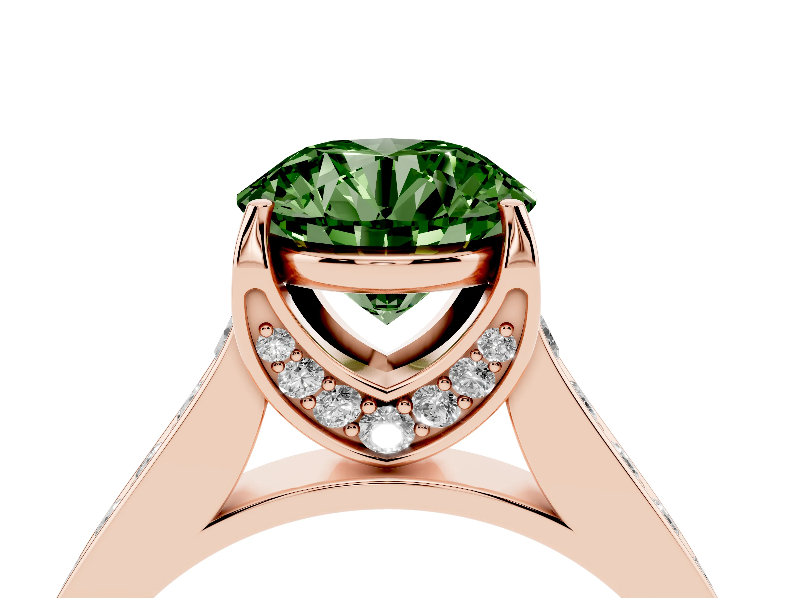 Fancy Green Round Cut Diamond Solitaire Pavé Engagement Ring Set in Rose gold with Prong Setting