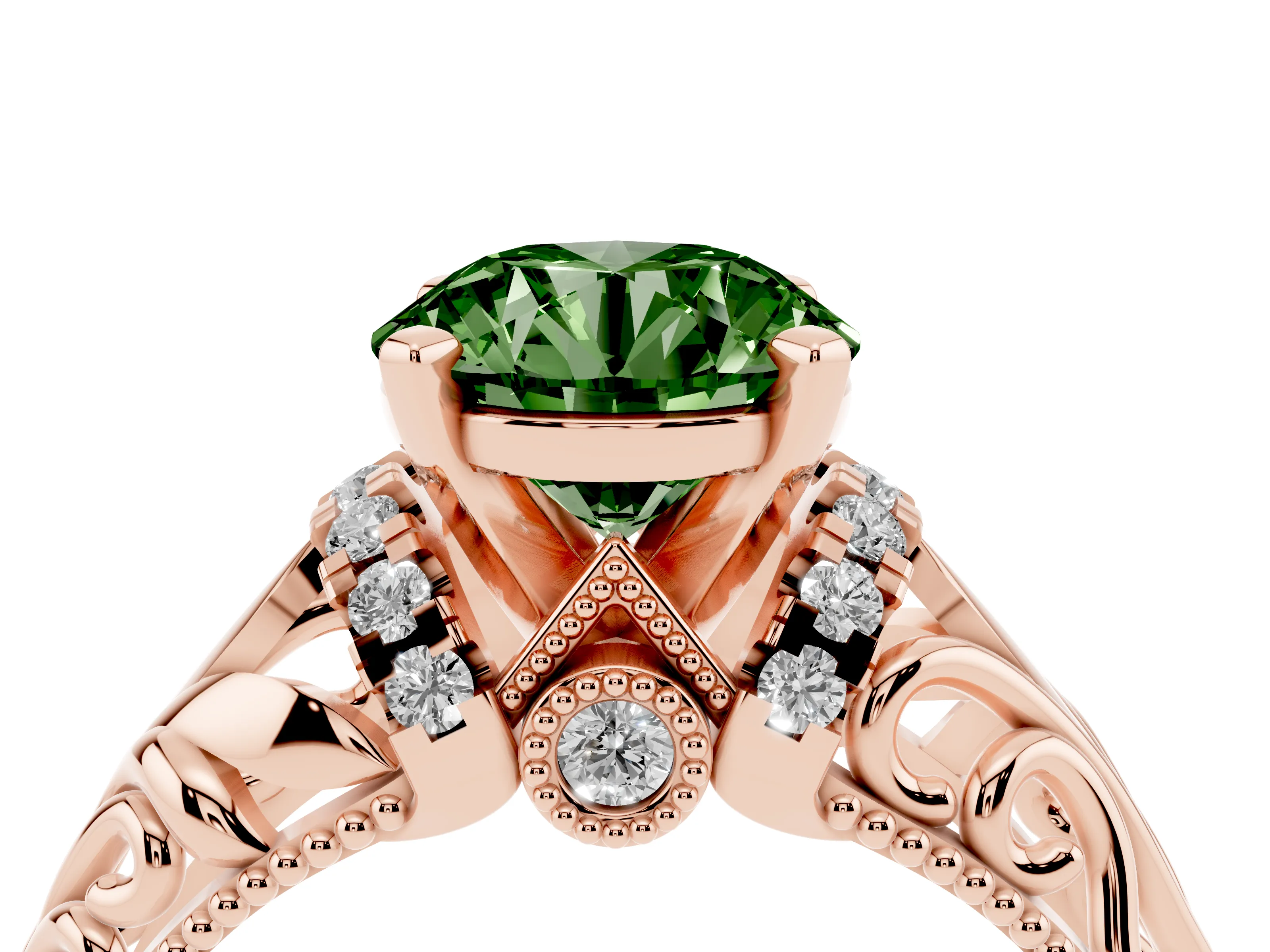 Fancy Green Round Cut Diamond Filigree Halo Engagement Ring Set in Rose gold with Prong Setting