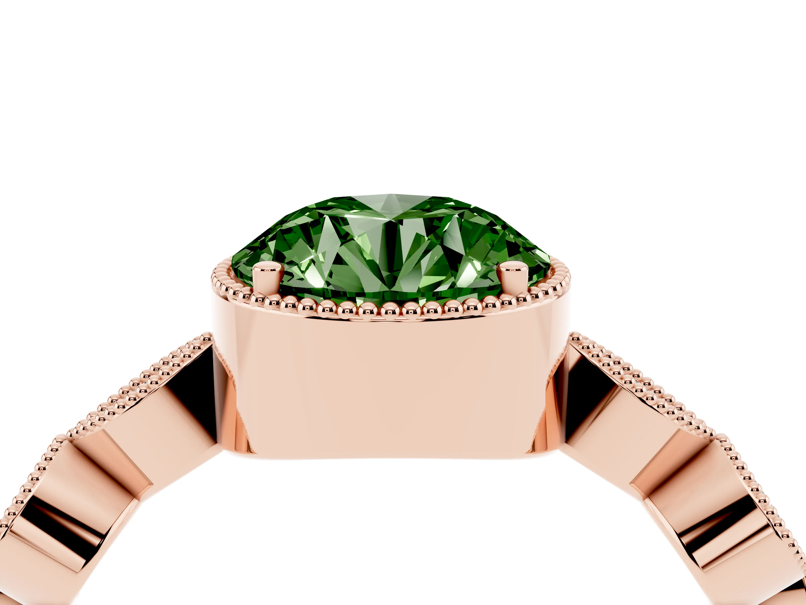 Fancy Green Round Cut Diamond Vintage-Inspired Milgrain Ring Set in Rose gold with Marquise Stations of Round Accents