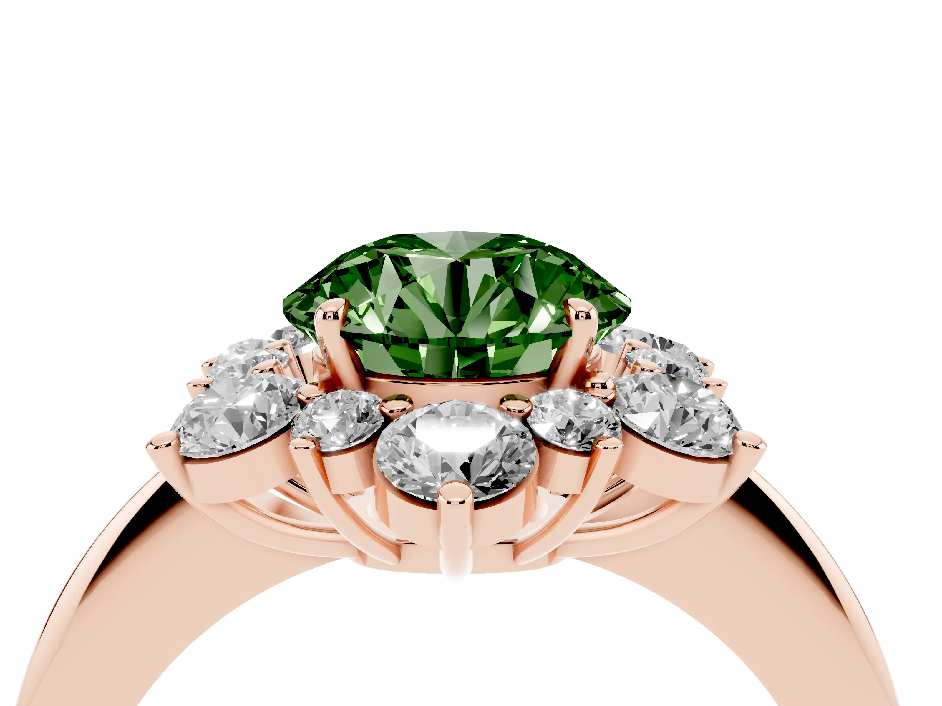 Fancy Green Round Cut Diamond Cluster Halo Ring Set in Rose gold with Solitaire Band and Prong Setting