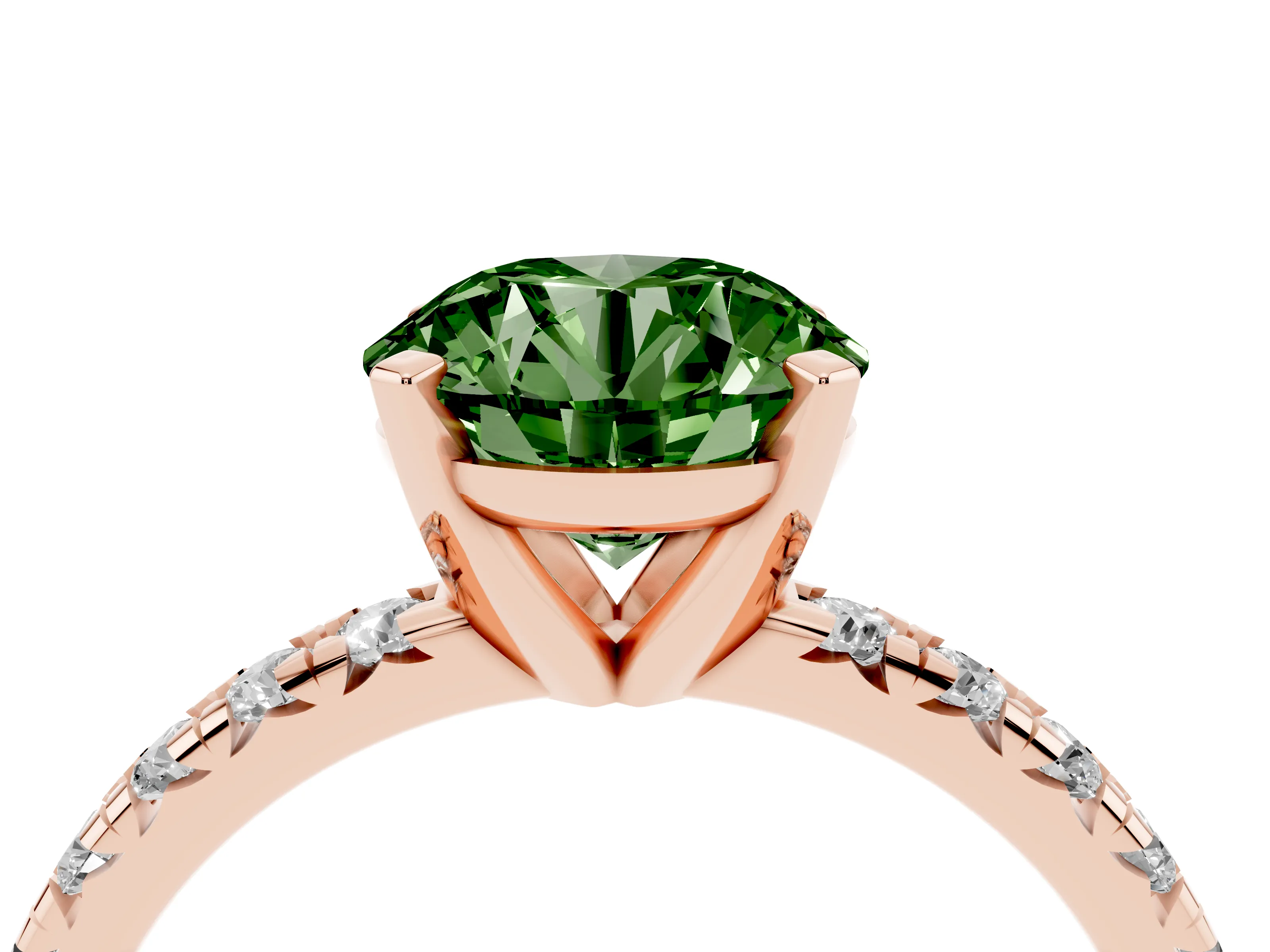 Fancy Green Round Cut Diamond Solitaire Pavé Engagement Ring Set in Rose gold with Round Band and Prong Setting