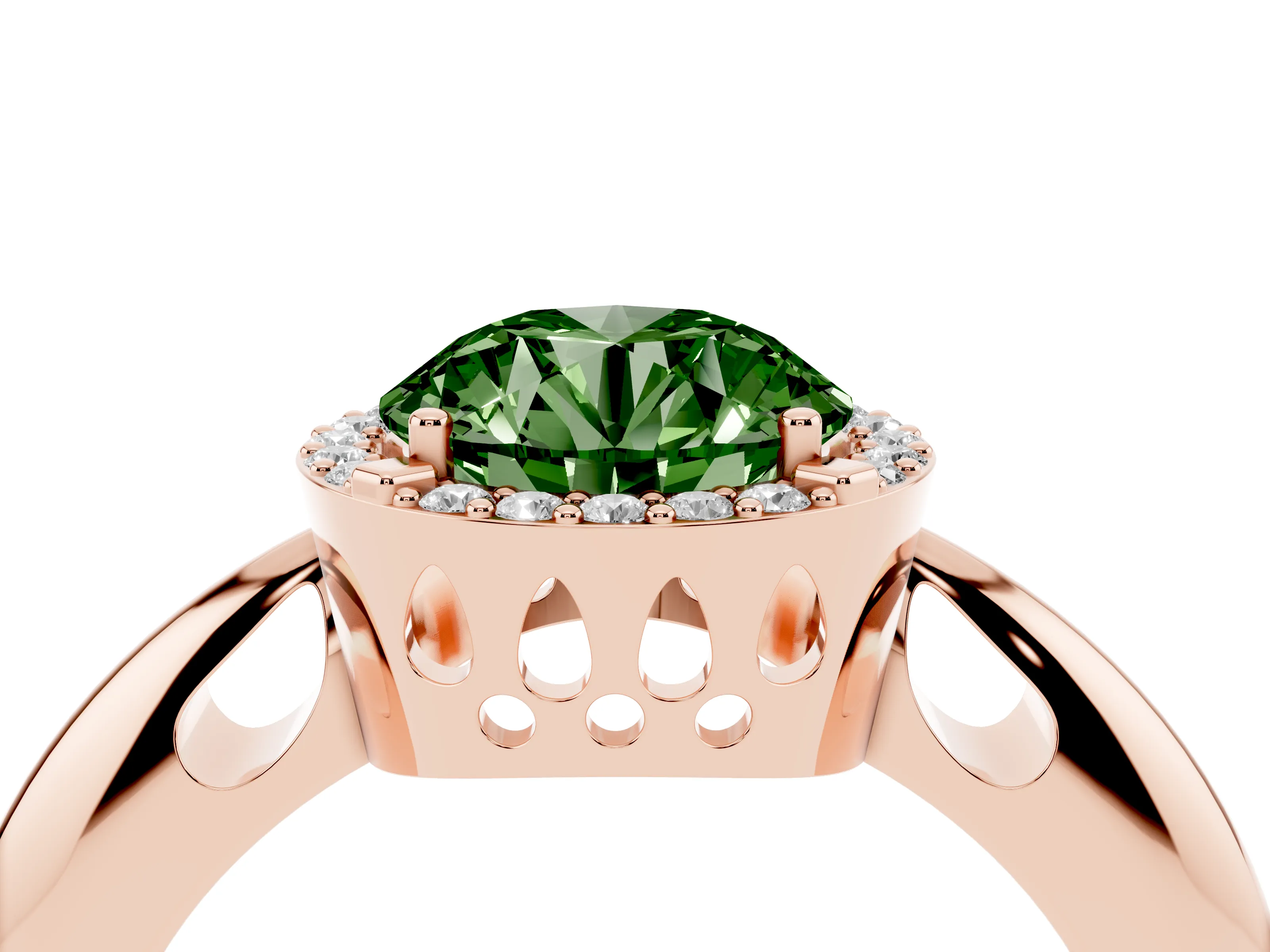Fancy Green Round Cut Diamond Halo Engagement Ring Set in Rose gold with Plain Split Shank and Prong Setting