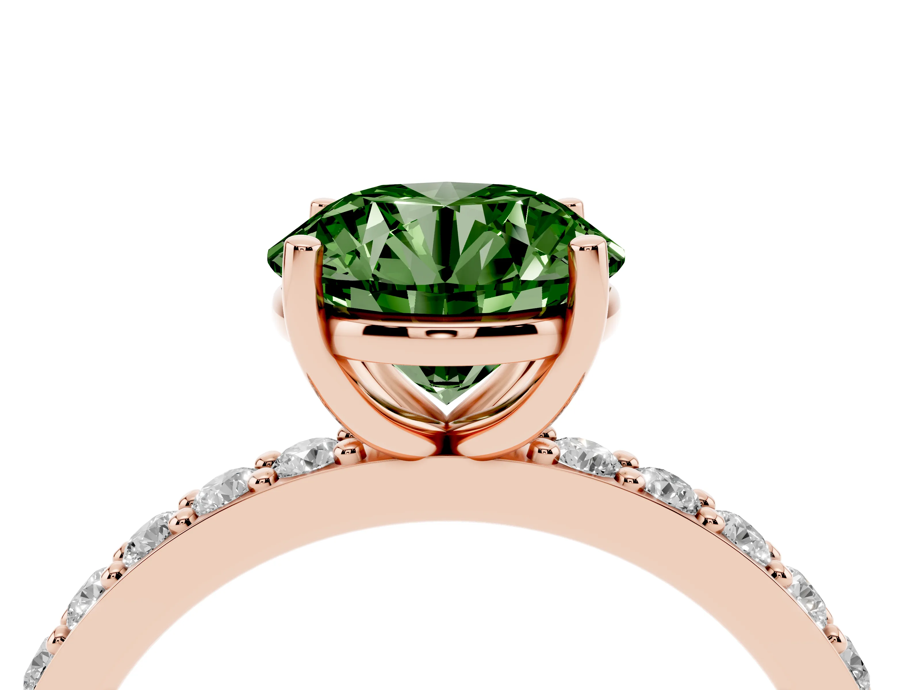 Fancy Green Round Cut Diamond Solitaire Set in Rose gold with Round Pavé Band and Prong Setting