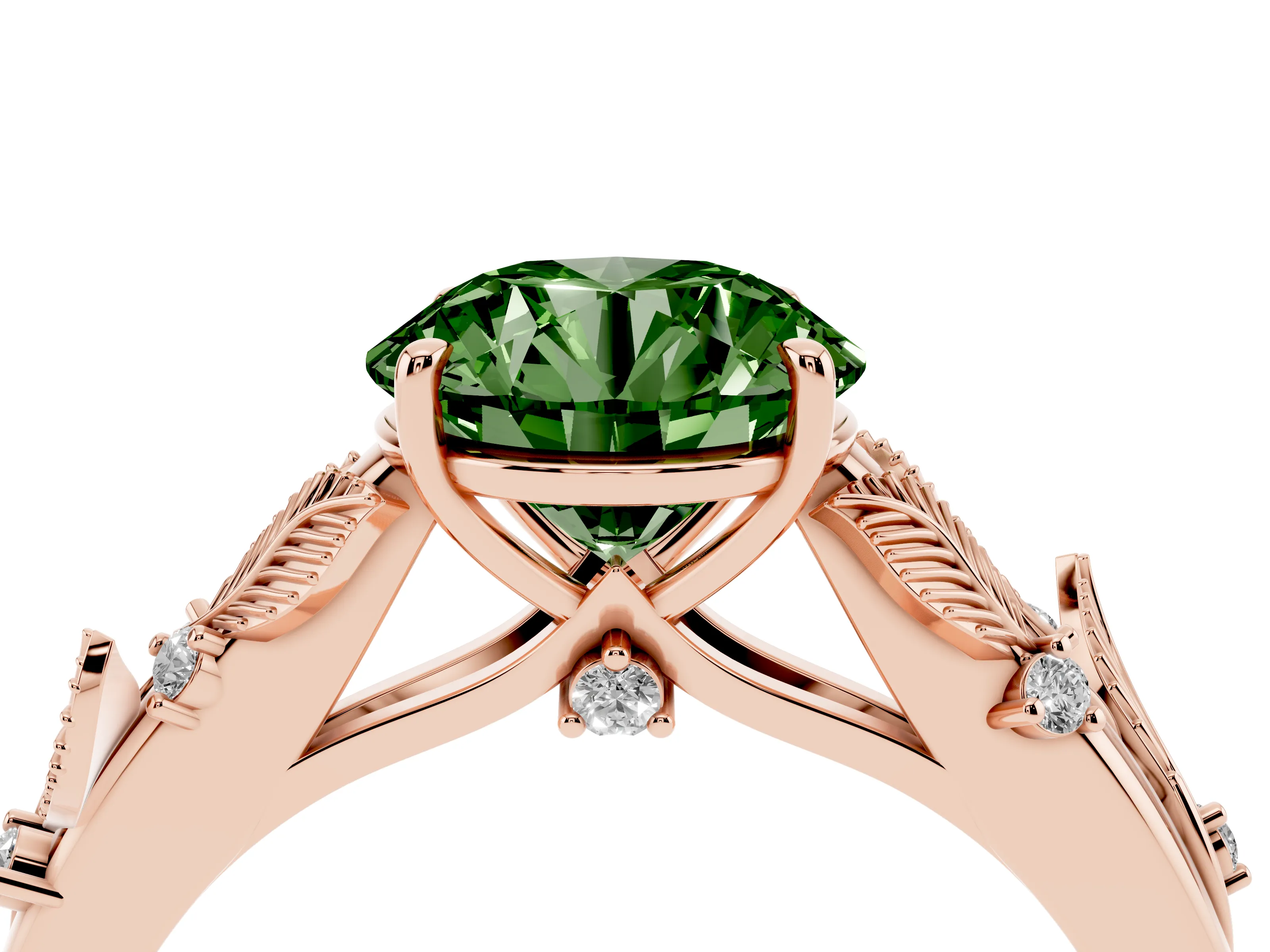 Fancy Green Round Cut Diamond Solitaire Ring Set in Rose gold with Leaf Motif Band