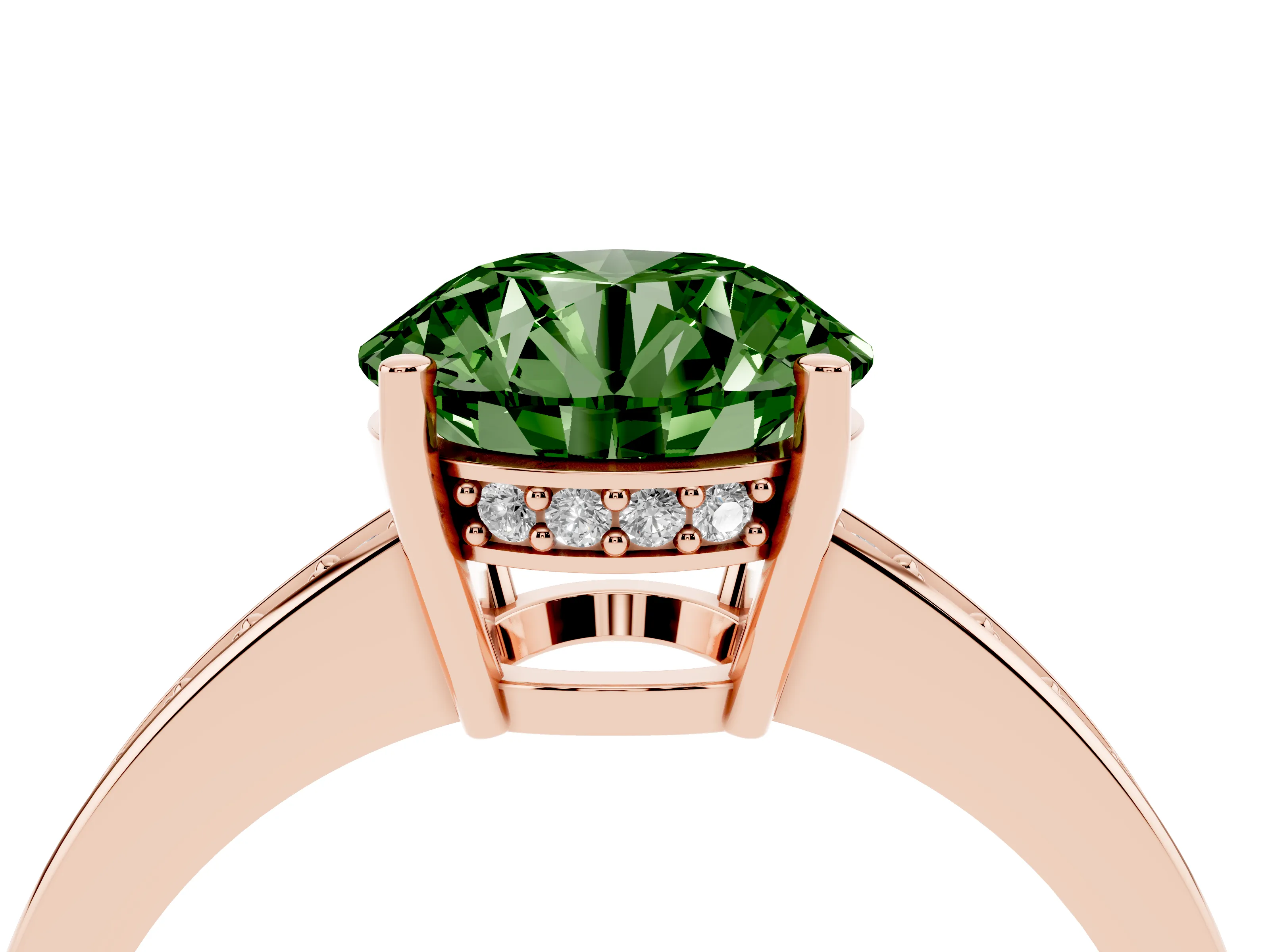 Fancy Green Round Cut Diamond Pavé Band Prong Set Solitaire Ring Set in Rose gold