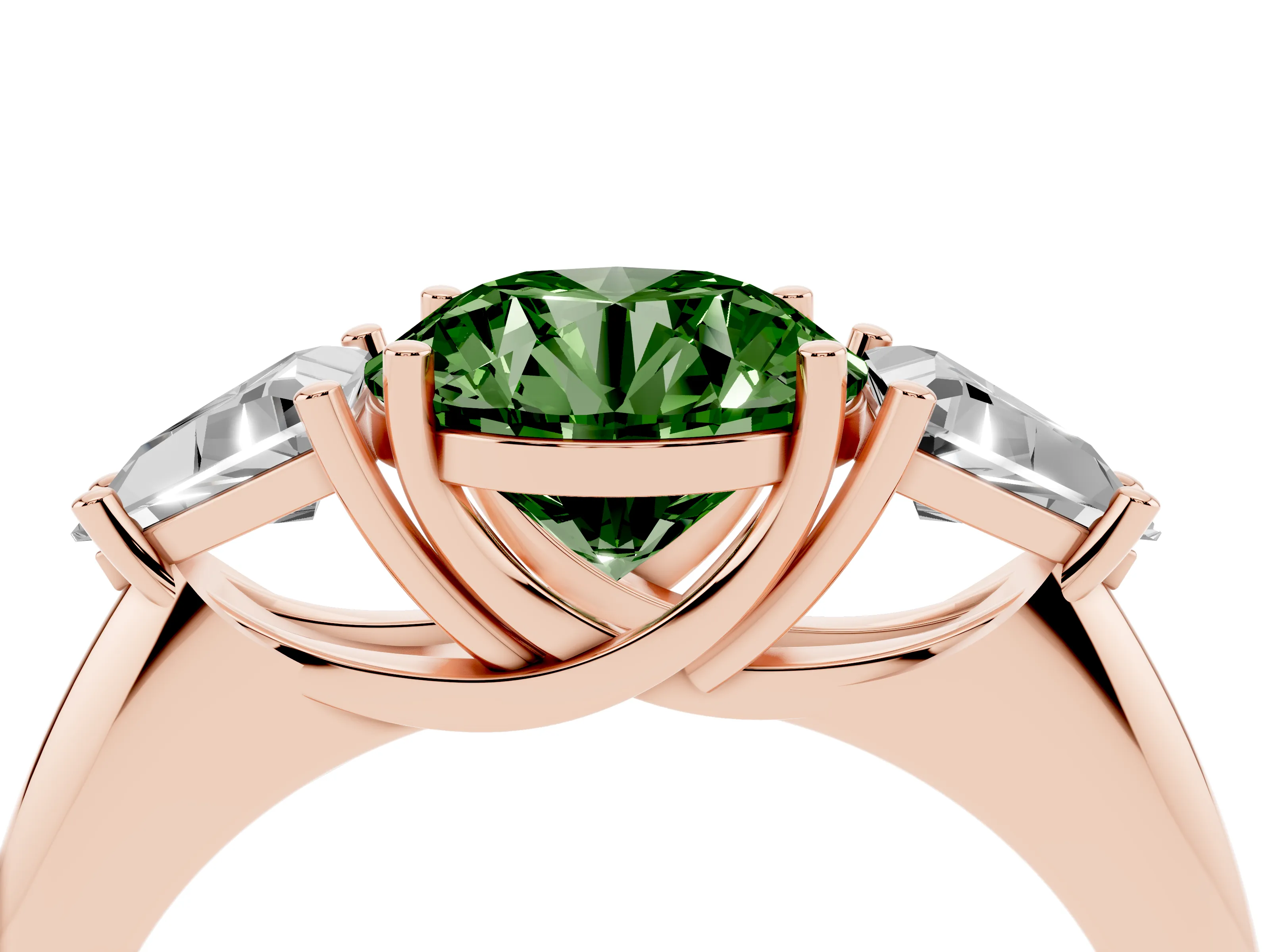 Fancy Green Round Cut Diamond Three-Stone Engagement Ring Set in Rose gold with Trillion Side Stones