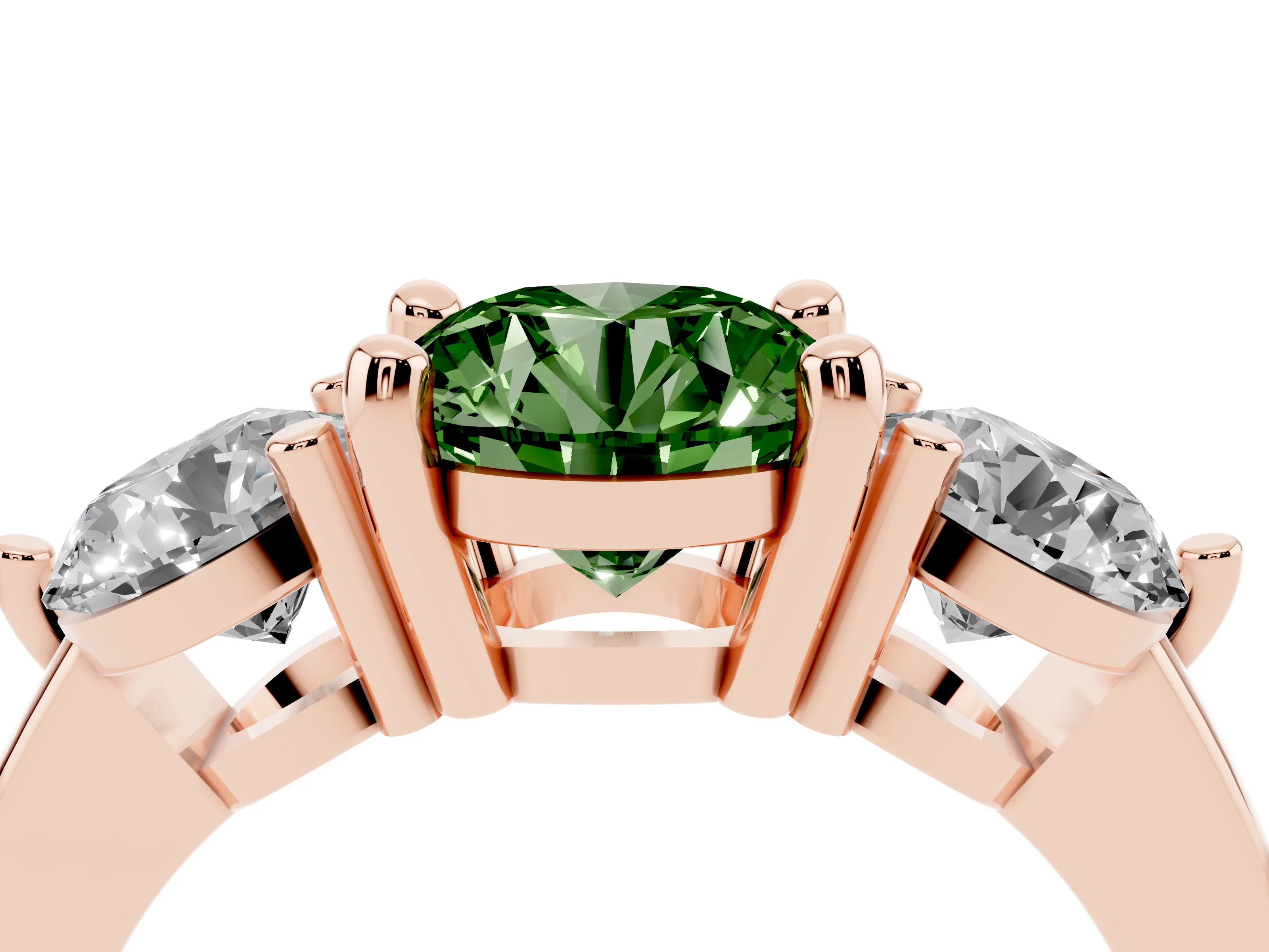 Fancy Green Round Cut Diamond Three-Stone Ring Set in Rose gold with Prong Setting and Classic Band
