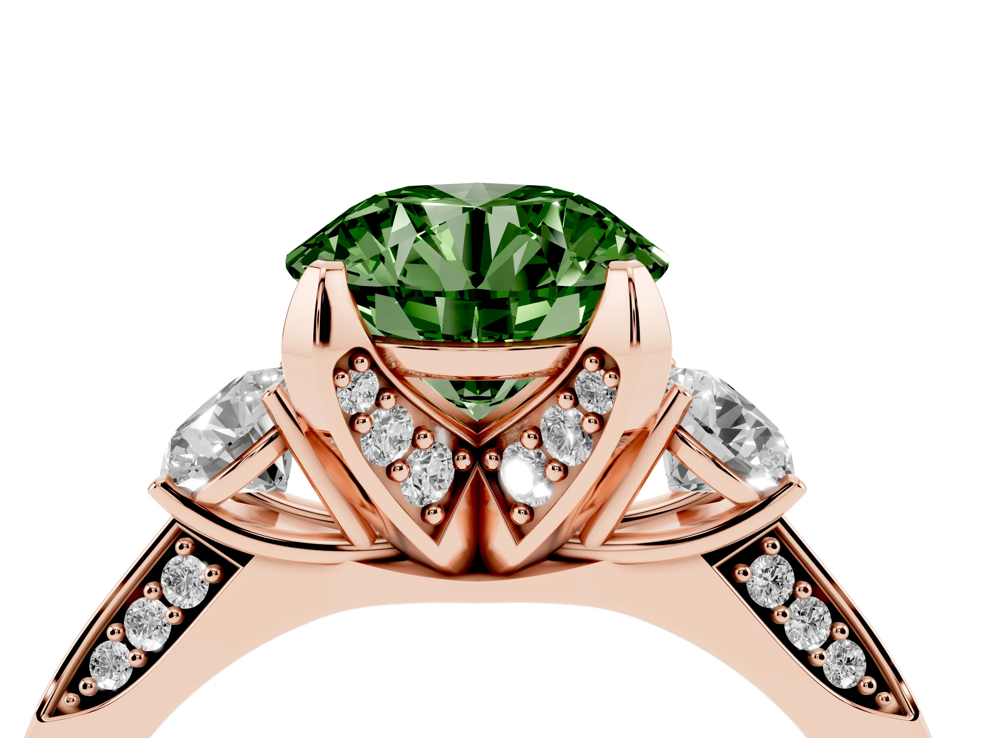 Fancy Green Round Cut Diamond Three-Stone Ring Set in Rose gold with Pavé Band and Smaller Side Stones