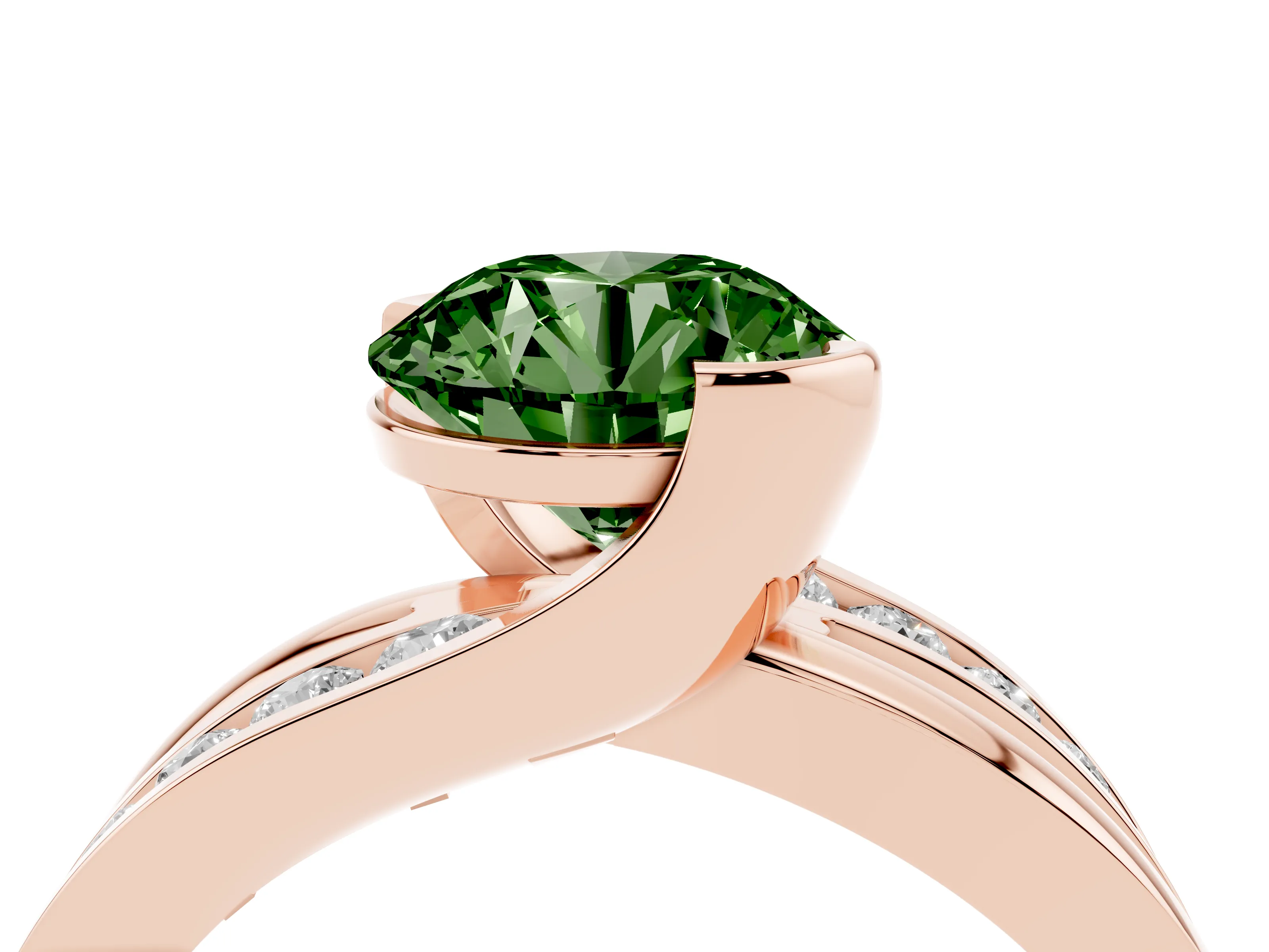 Fancy Green Round Cut Diamond Solitaire Ring Set in Rose gold with Channel Set Split Shank and Tension Prongs