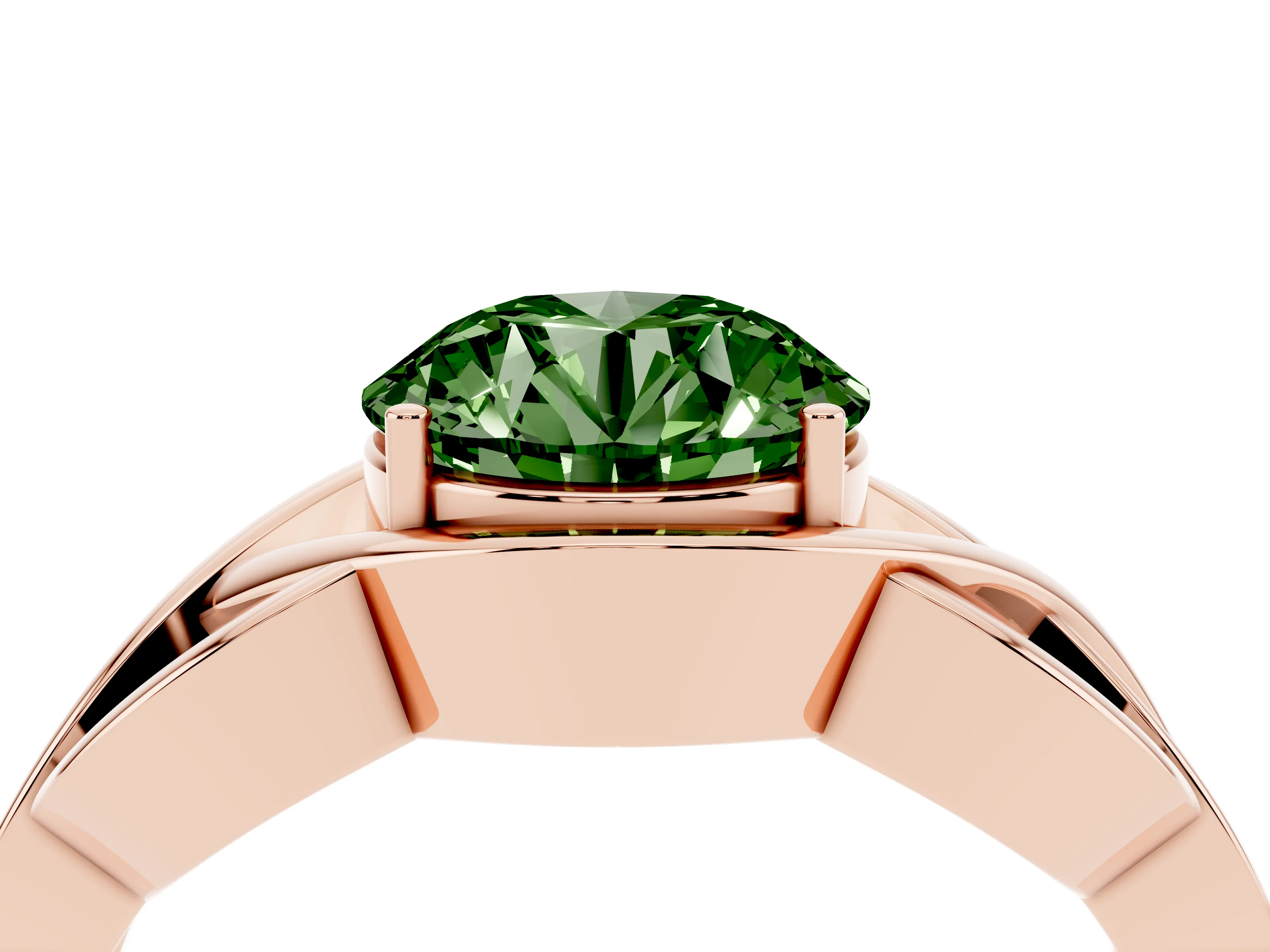 Fancy Green Round Cut Diamond Solitaire Ring Set in Rose gold with Intertwined Band