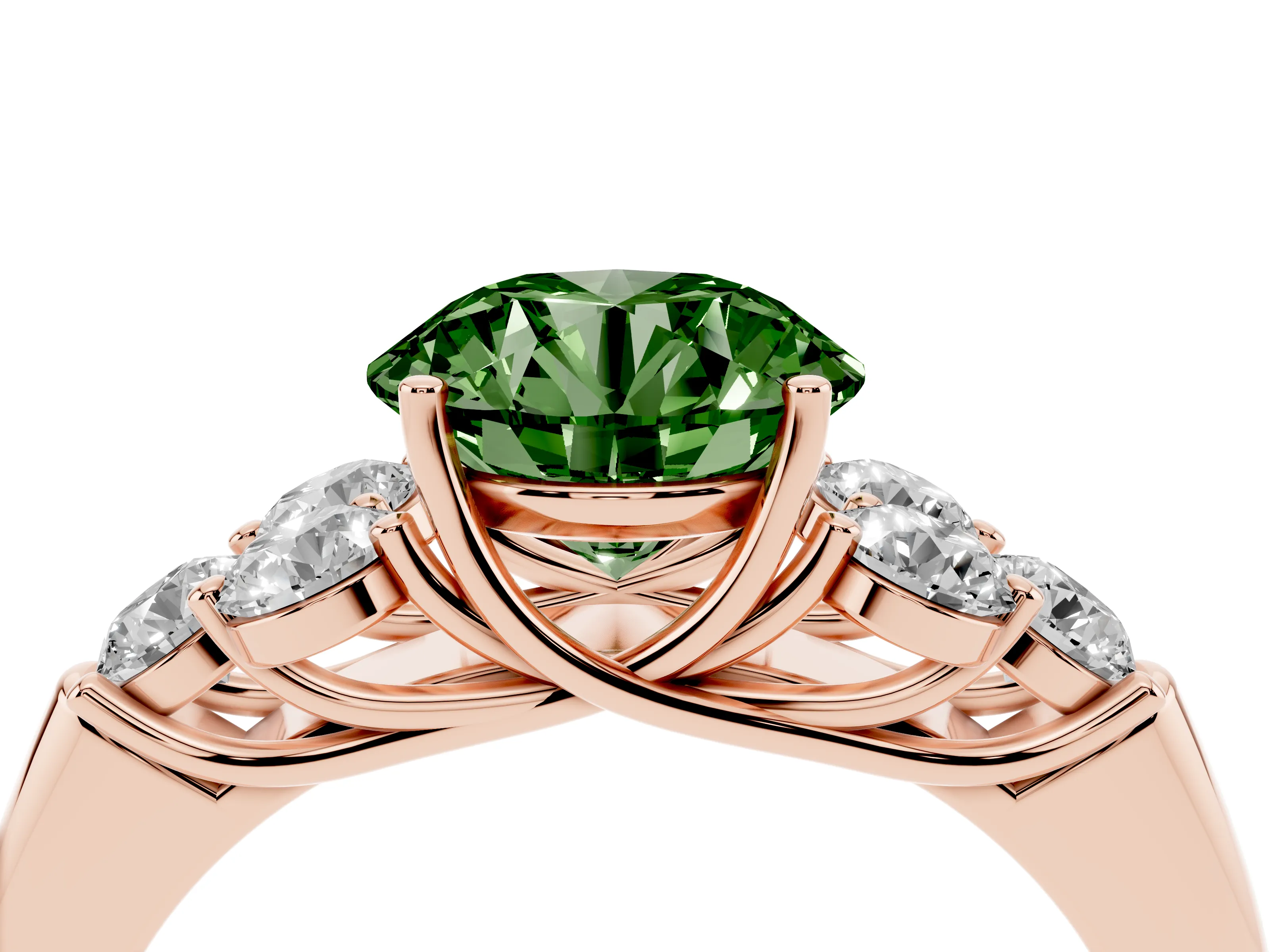 Fancy Green Round Cut Diamond Cluster Ring Set in Rose gold with Round Accent Stones and Prong Setting on a Plain Band