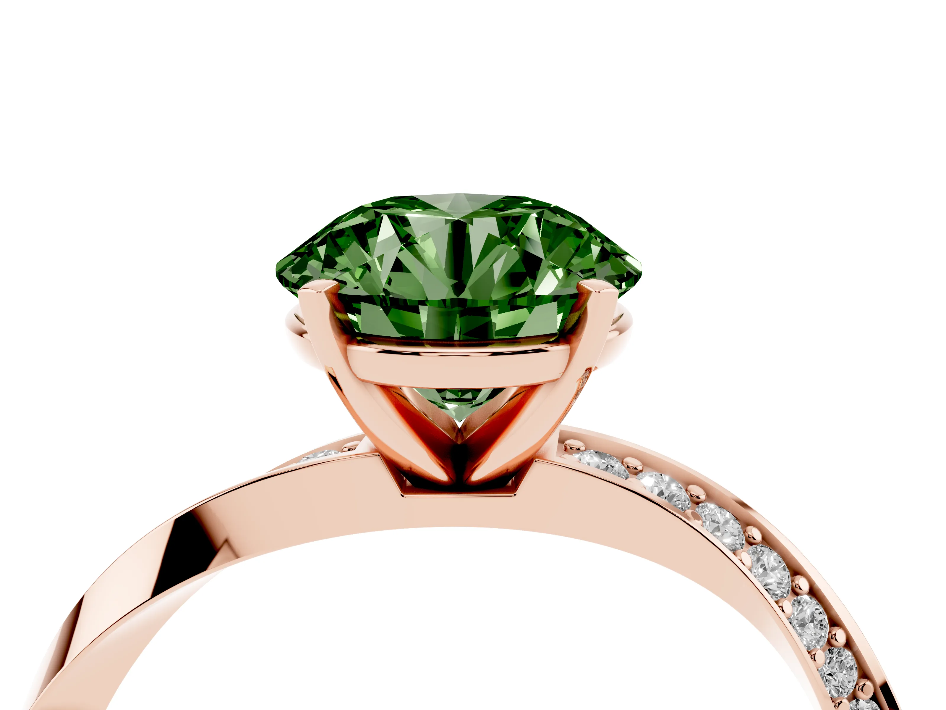 Fancy Green Round Cut Diamond Engagement Ring Set in Rose gold with Side Stone Accents and Prong Setting
