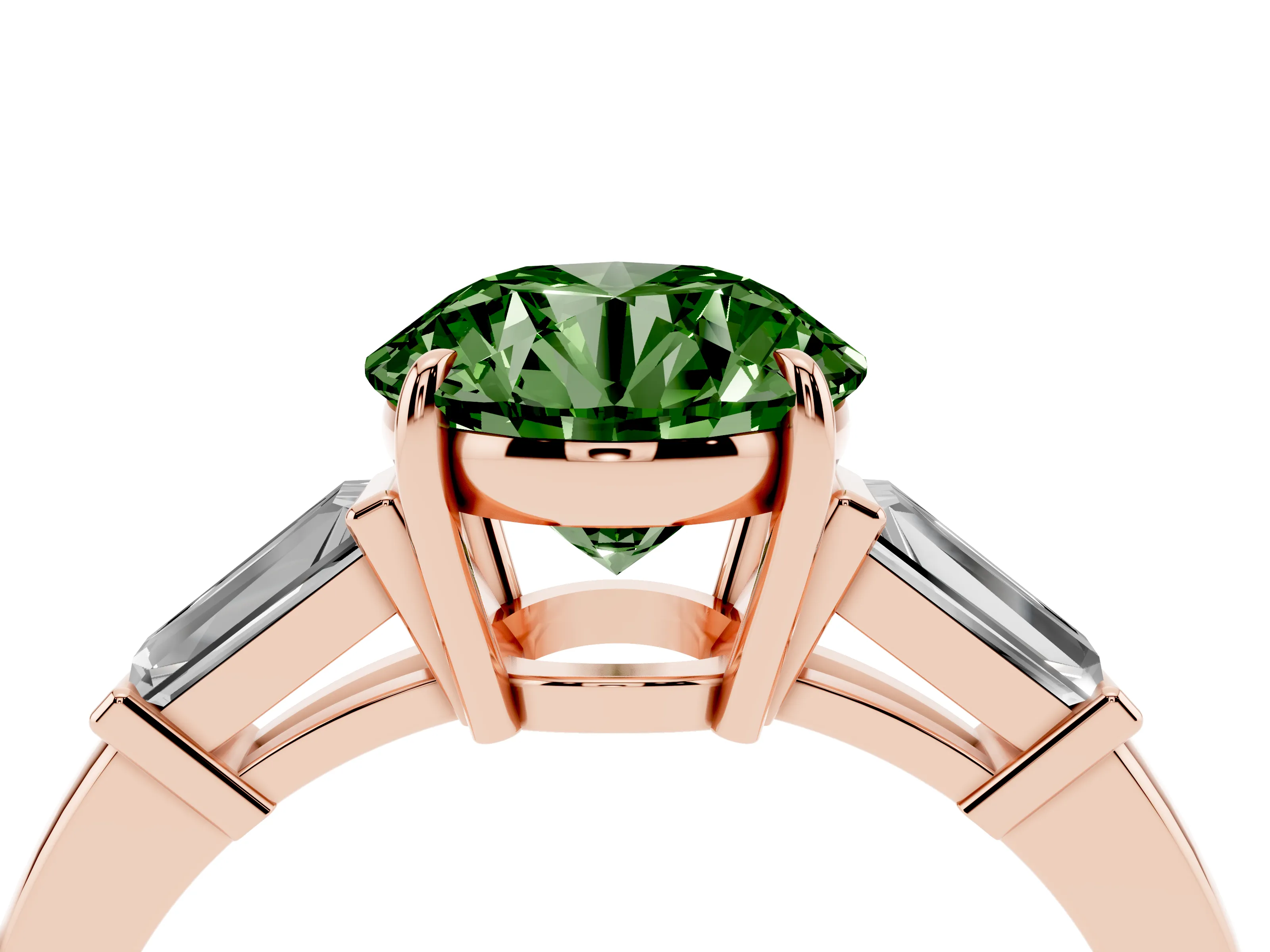 Fancy Green Round Cut Diamond Three-Stone Ring Set in Rose gold with Tapered Baguette Side Stones and Prong Setting