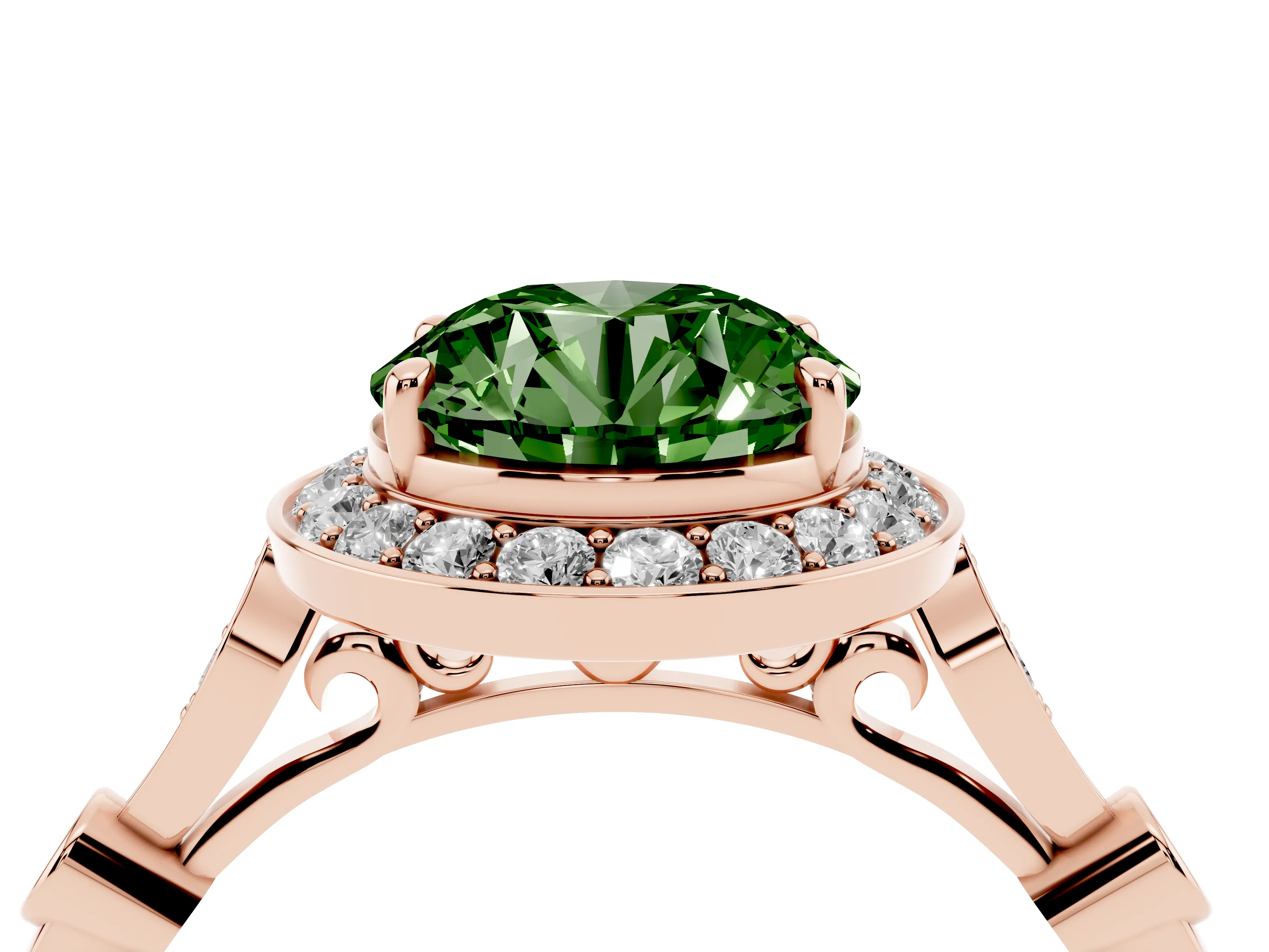 Fancy Green Round Cut Diamond Halo Engagement Ring Set in Rose gold with Twisted Band and Prong Setting