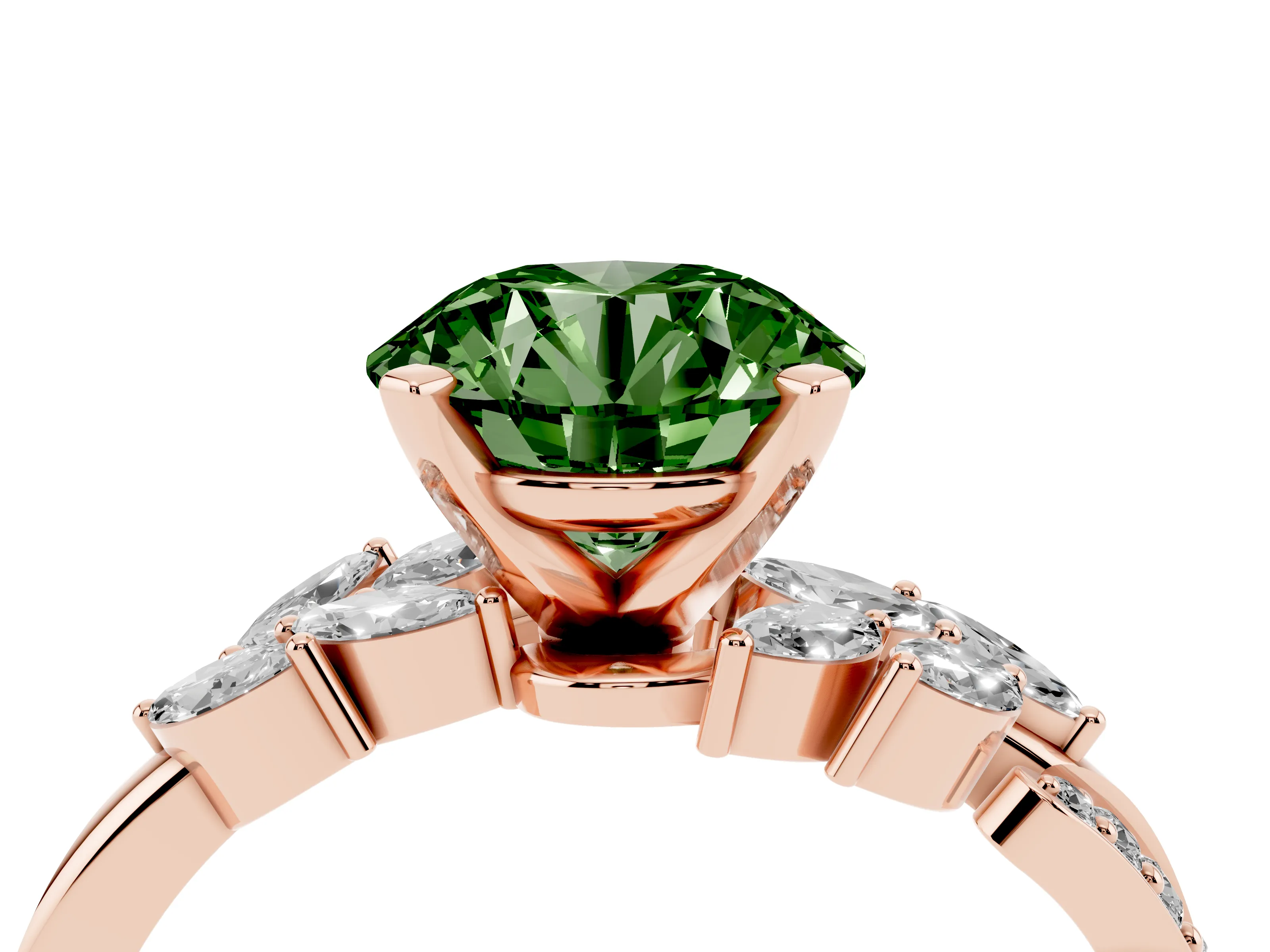 Fancy Green Round Cut Diamond Solitaire Ring Set in Rose gold with Marquise Twist Band and Prong Setting